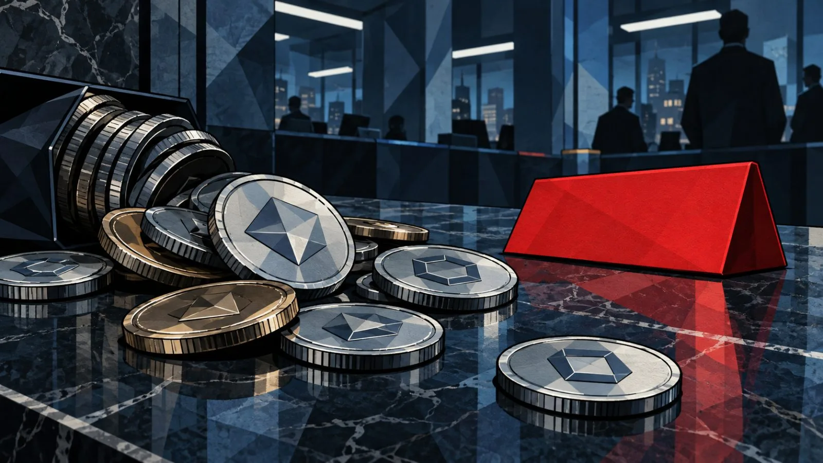 Metal tokens toppled beside a margin call marker / TokenPost.ai