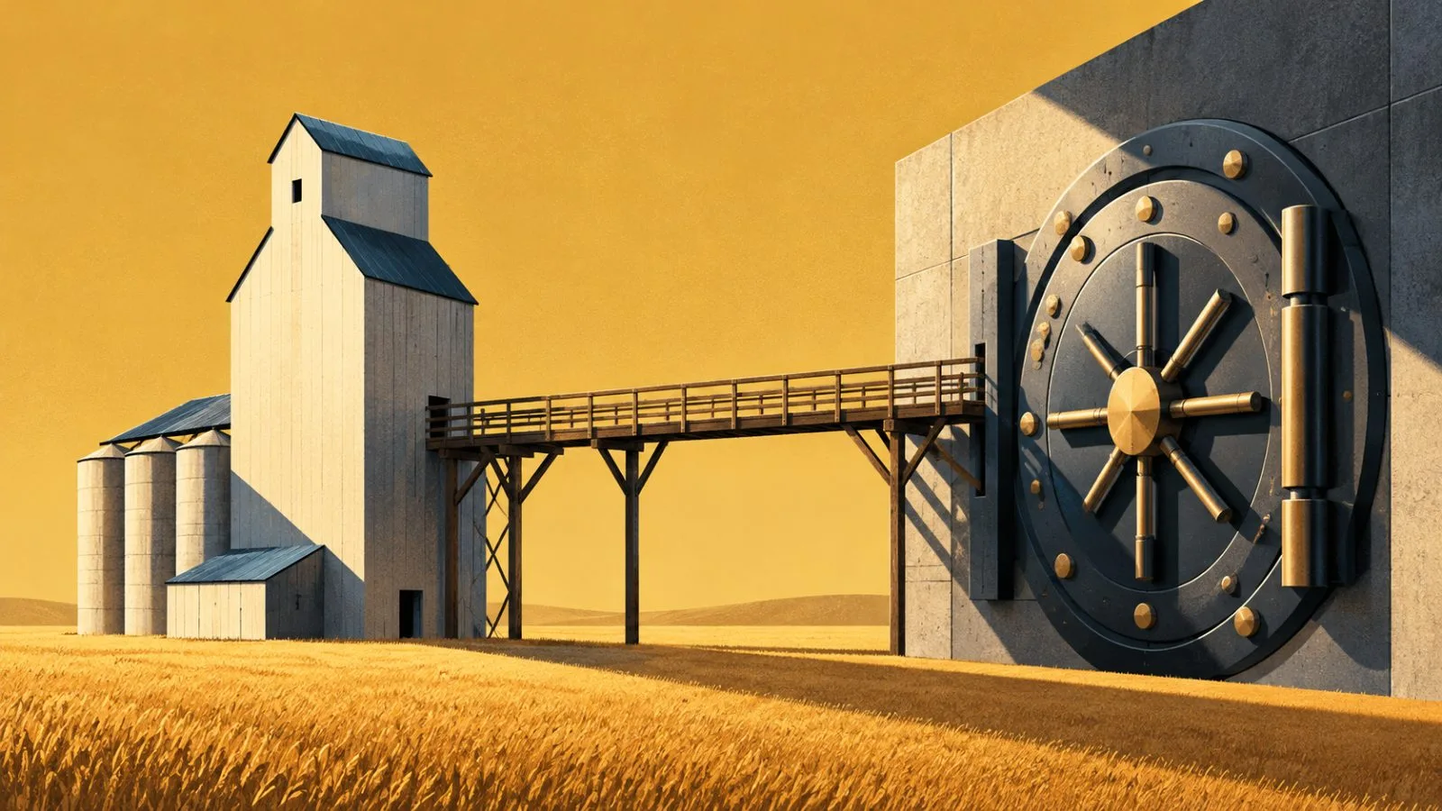 A grain elevator model connected to a sculptural bank vault door / TokenPost.ai