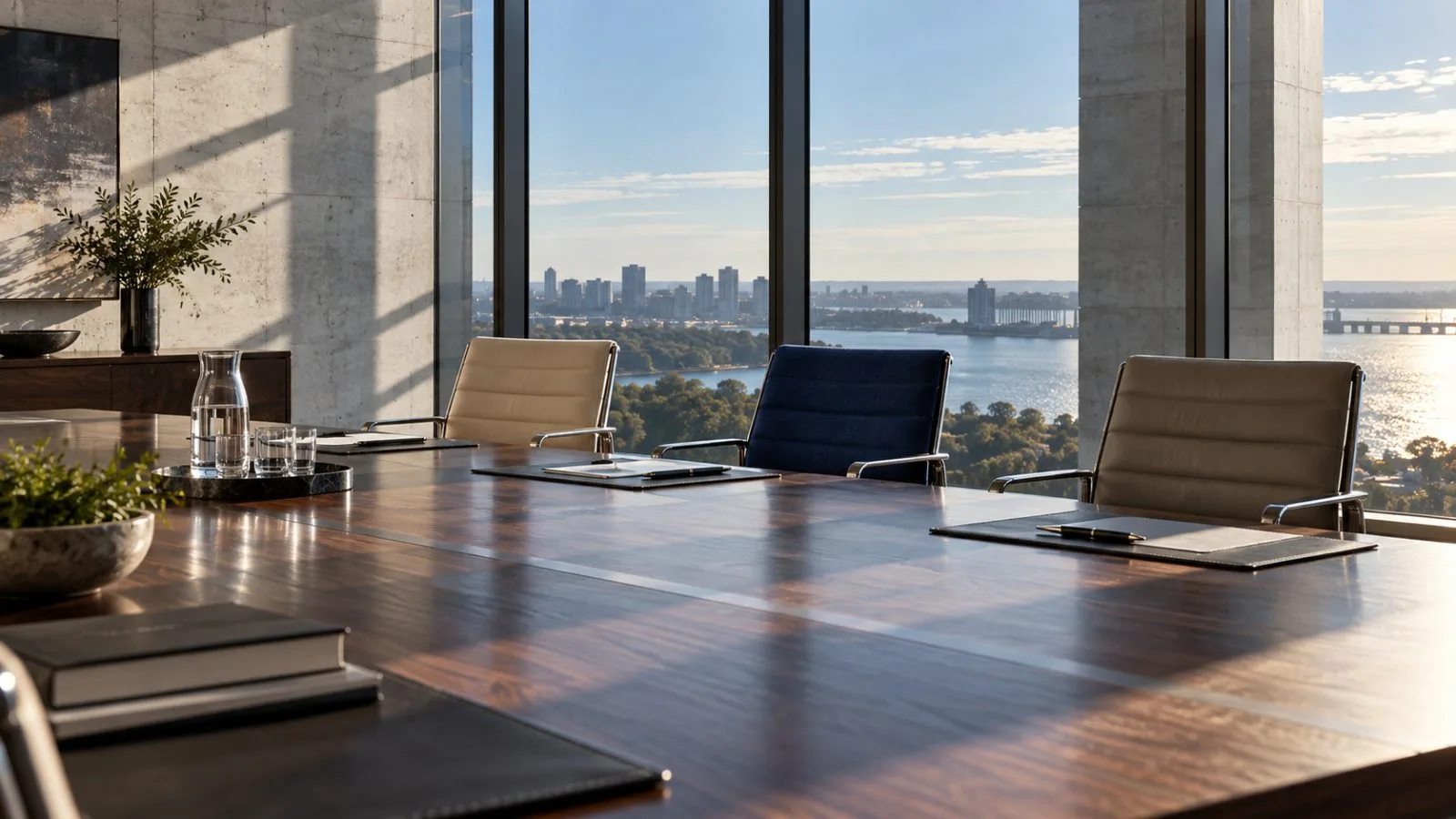 Three empty chairs surround a long boardroom table / TokenPost.ai