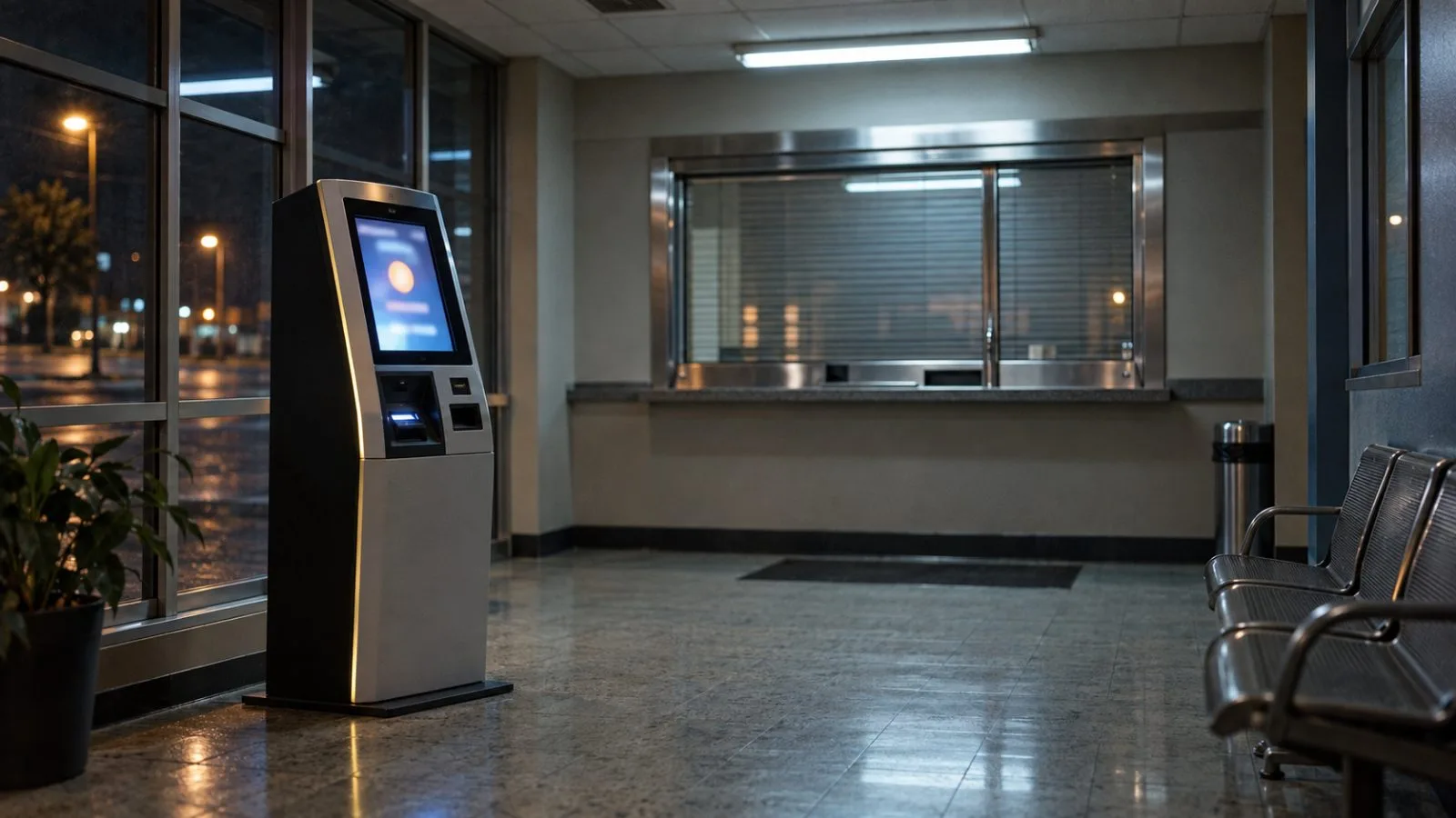 Empty service kiosk with a card reader behind a closed window / TokenPost.ai