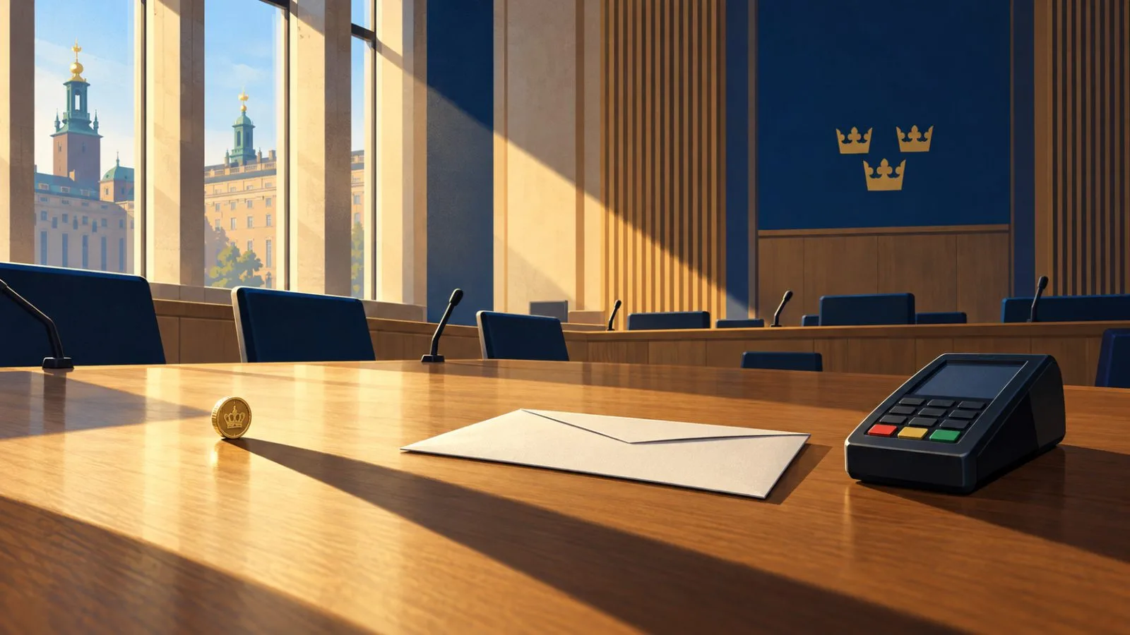 A silver coin rests on a table in an empty committee chamber / TokenPost.ai