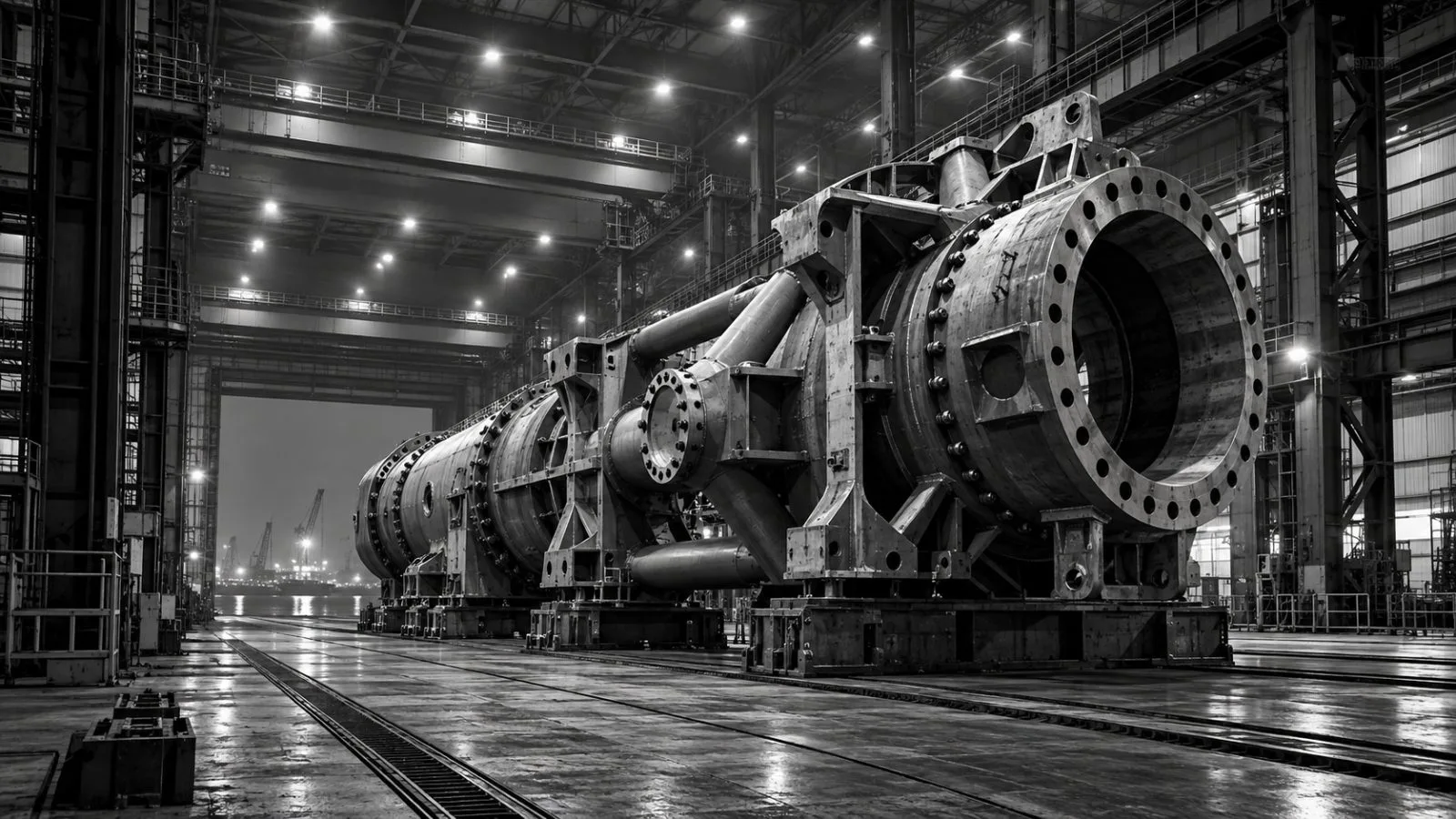 A heavy steel assembly rests on a factory floor beneath industrial lights / TokenPost.ai