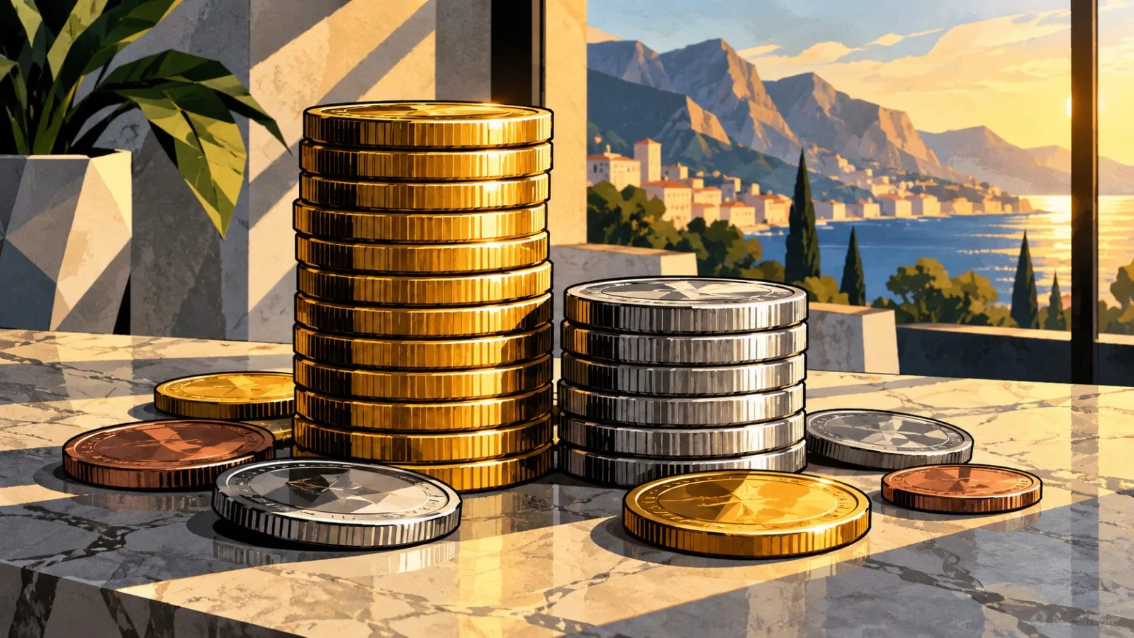 Metallic coin stacks rise under bright window light / TokenPost.ai