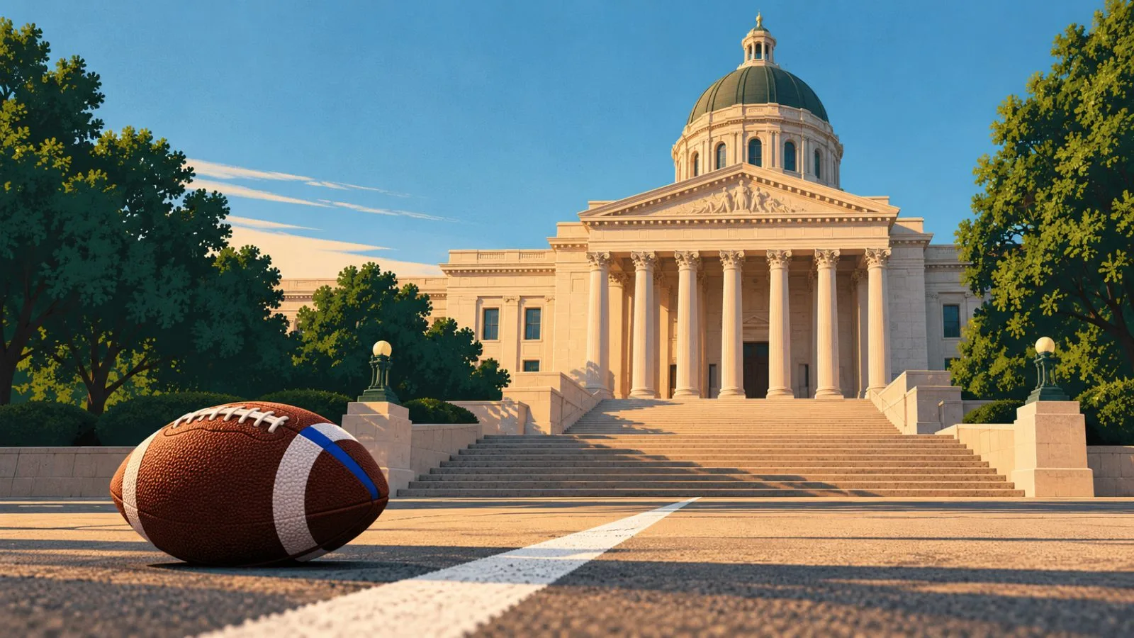 A football rests beside a white line at courthouse steps / TokenPost.ai
