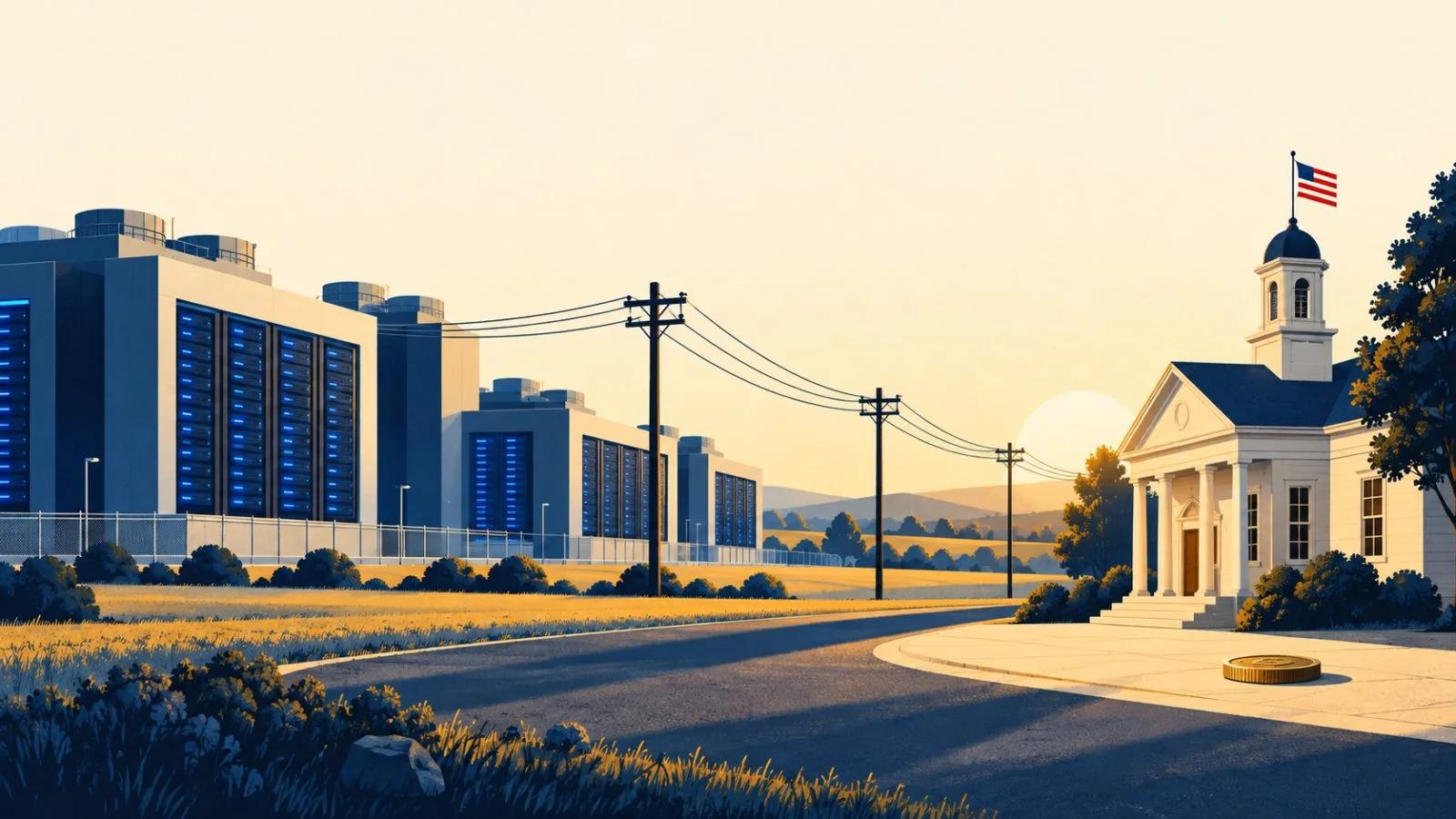 A data center campus meets a neighboring town hall at sunrise / TokenPost.ai