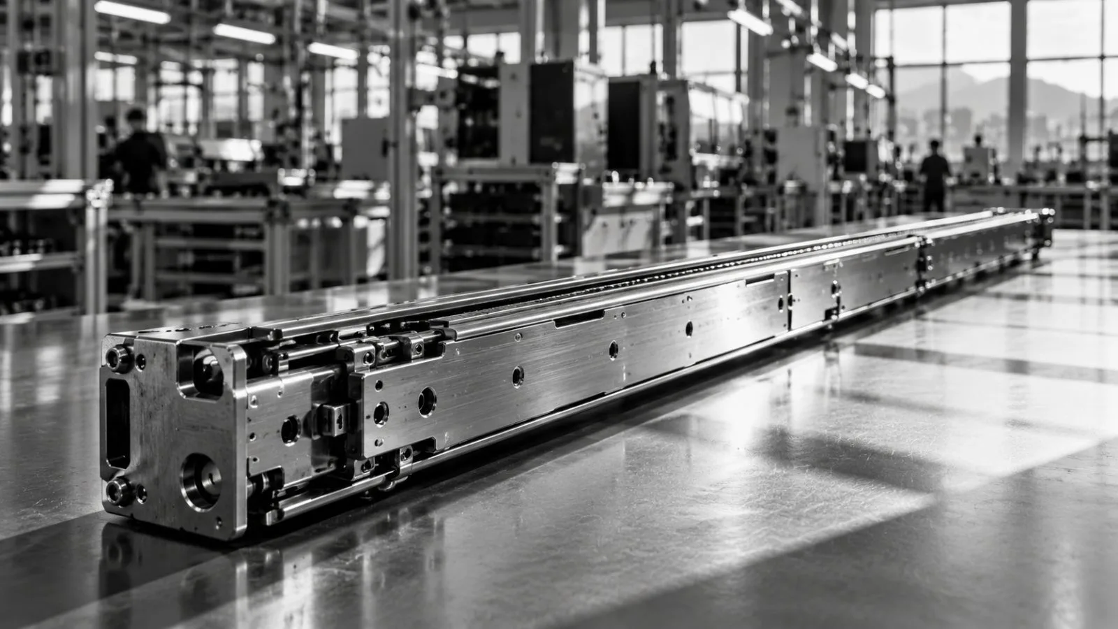 A precision server rail rests beneath factory work lights / TokenPost.ai