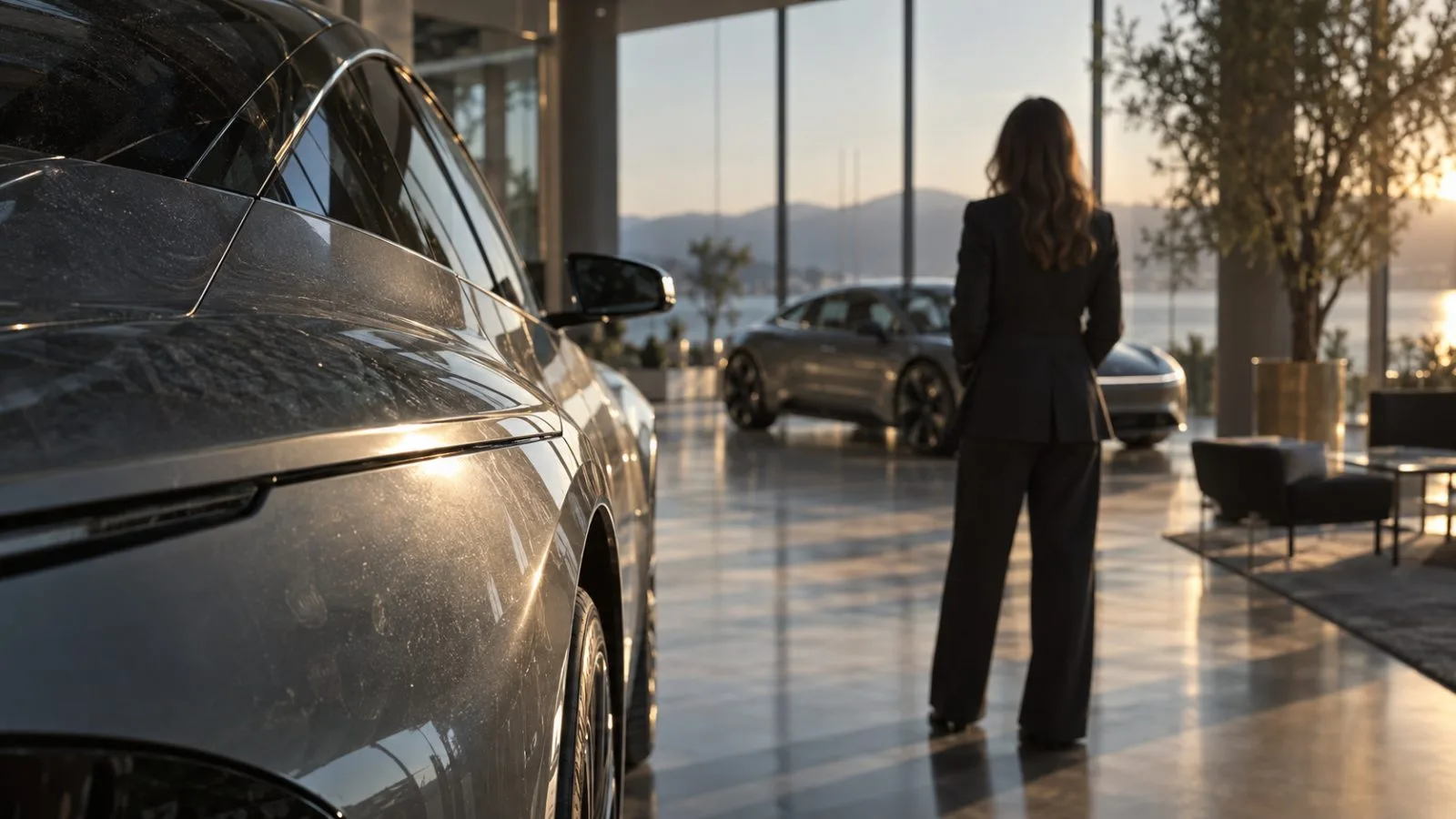 Executive studies an electric vehicle in a sunlit showroom / TokenPost.ai