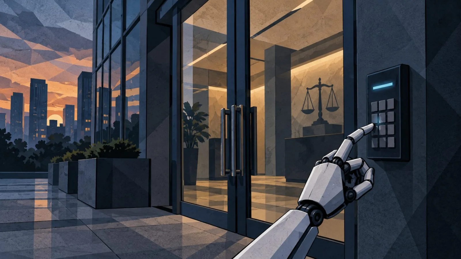 A robotic hand reaches toward a locked building entrance keypad / TokenPost.ai