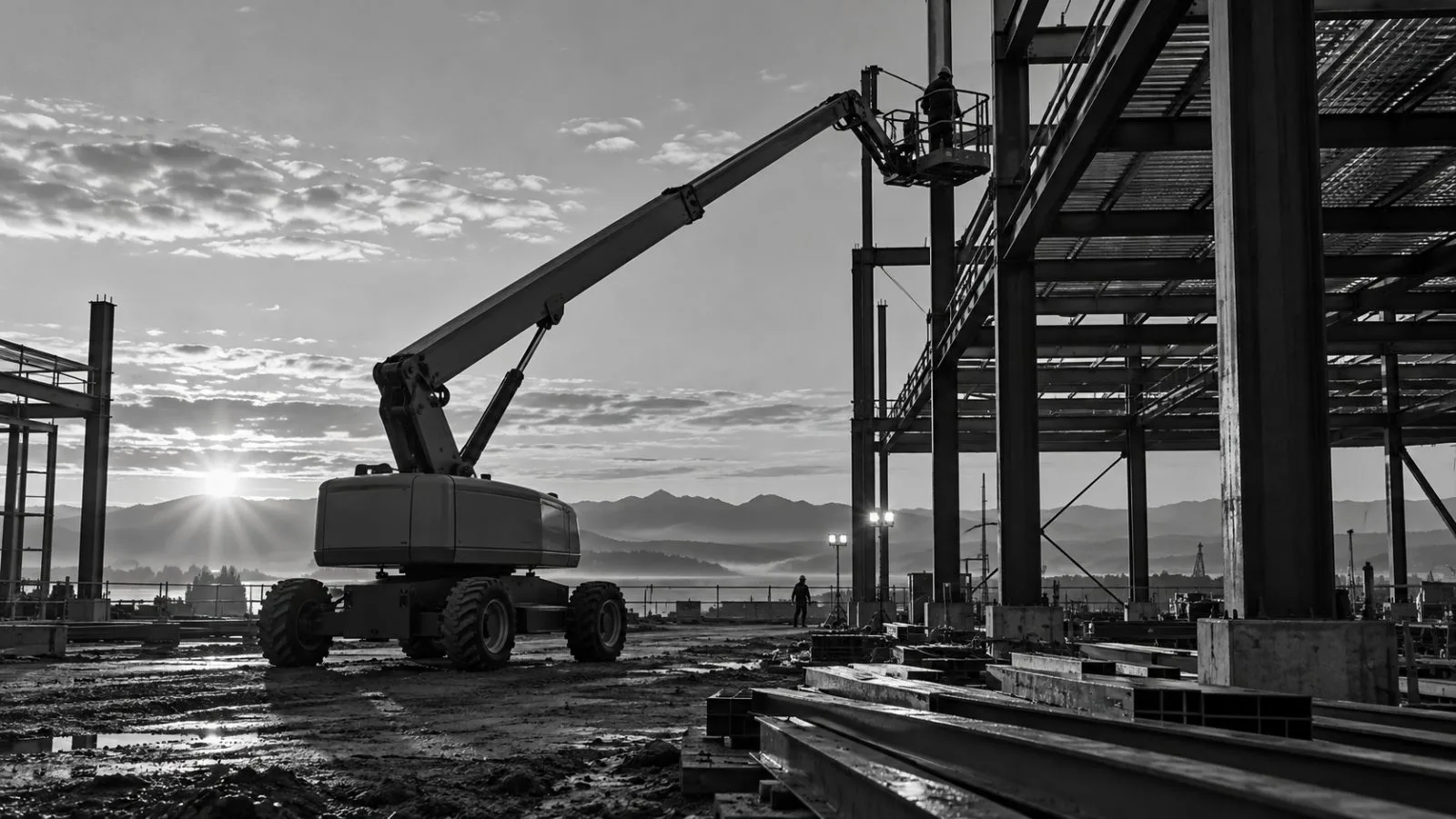 A boom lift reaches toward steel framing at a construction site / TokenPost.ai