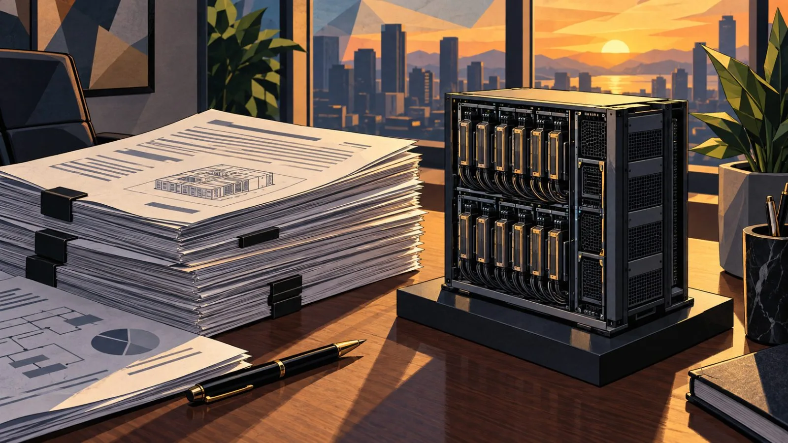 Equipment contracts sit beside a compact high-density computing unit / TokenPost.ai