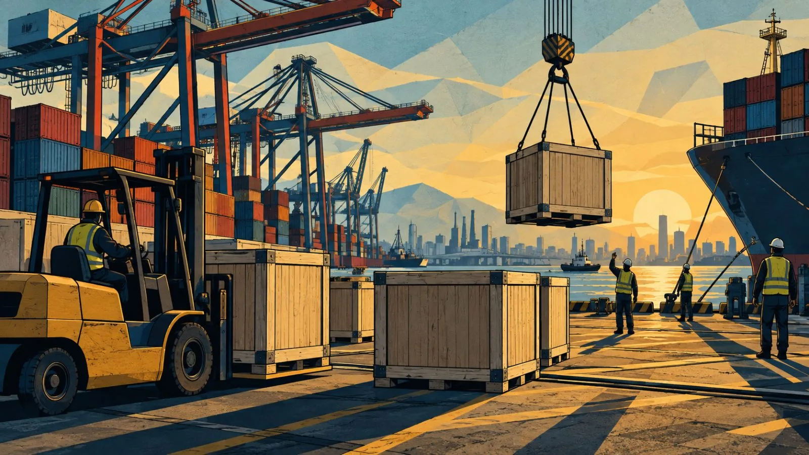 Shipping crates being unloaded beside stacked containers at a cargo port / TokenPost.ai