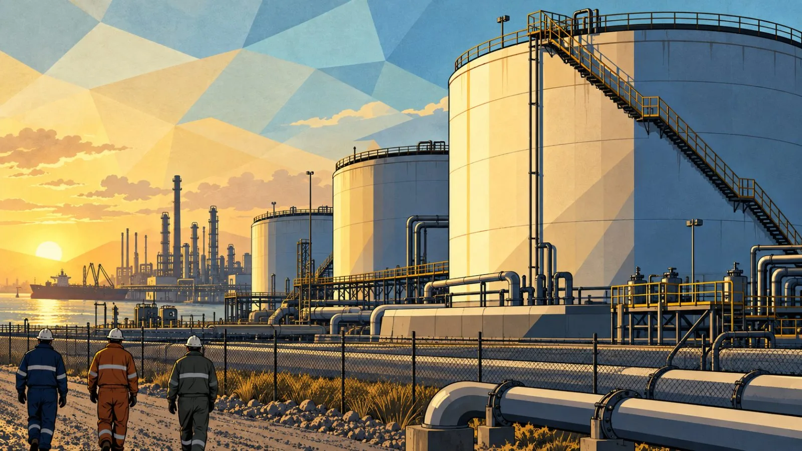 Large crude oil storage tanks under soft morning sunlight / TokenPost.ai