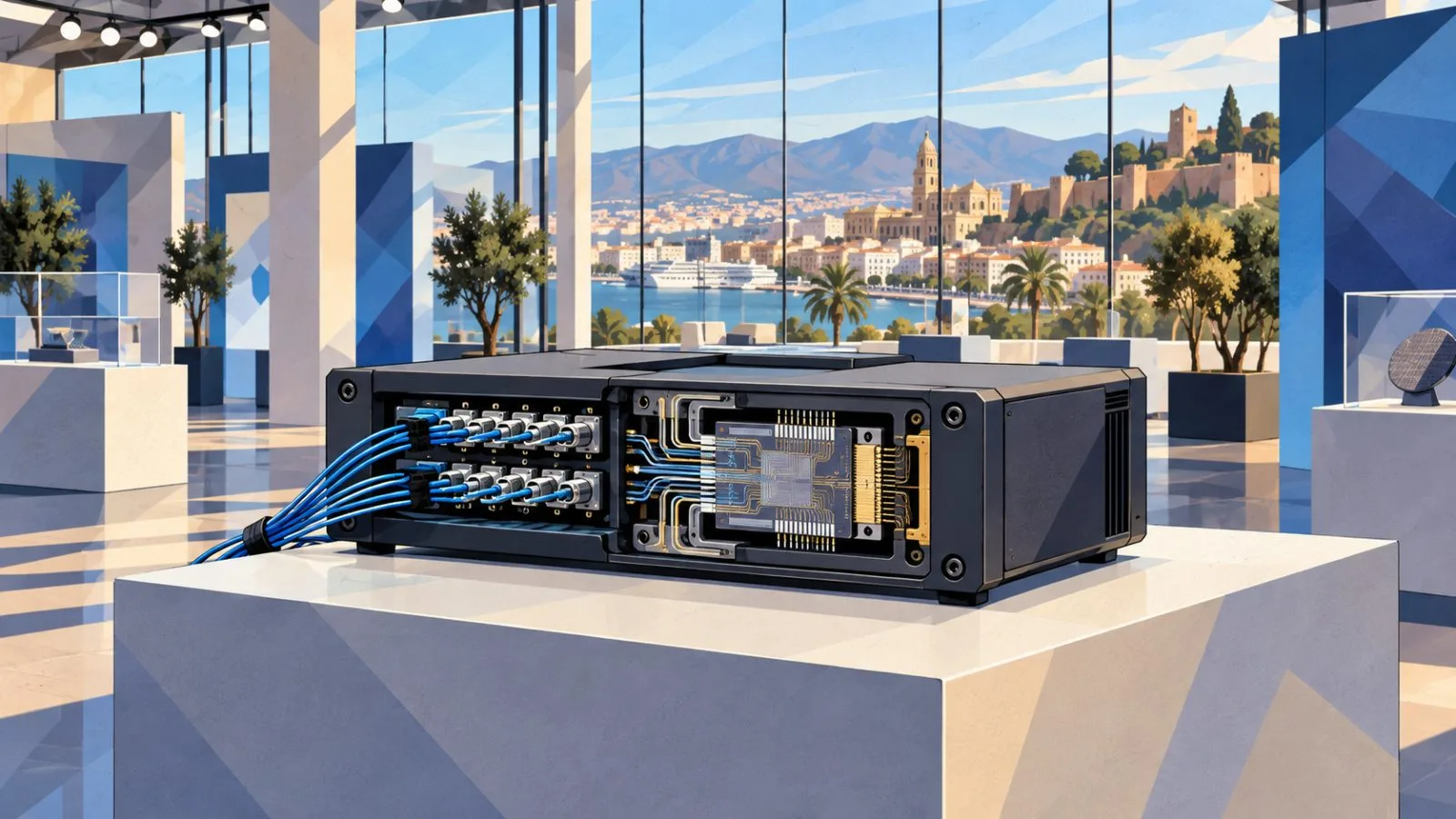A compact optical switch module sits on an exhibition plinth / TokenPost.ai