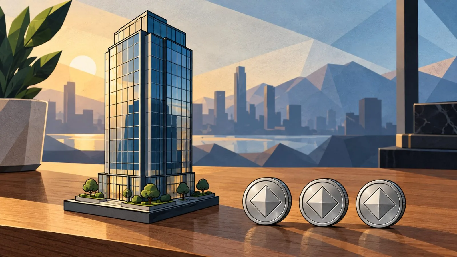Glass tower model beside three unmarked dividend tokens / TokenPost.ai