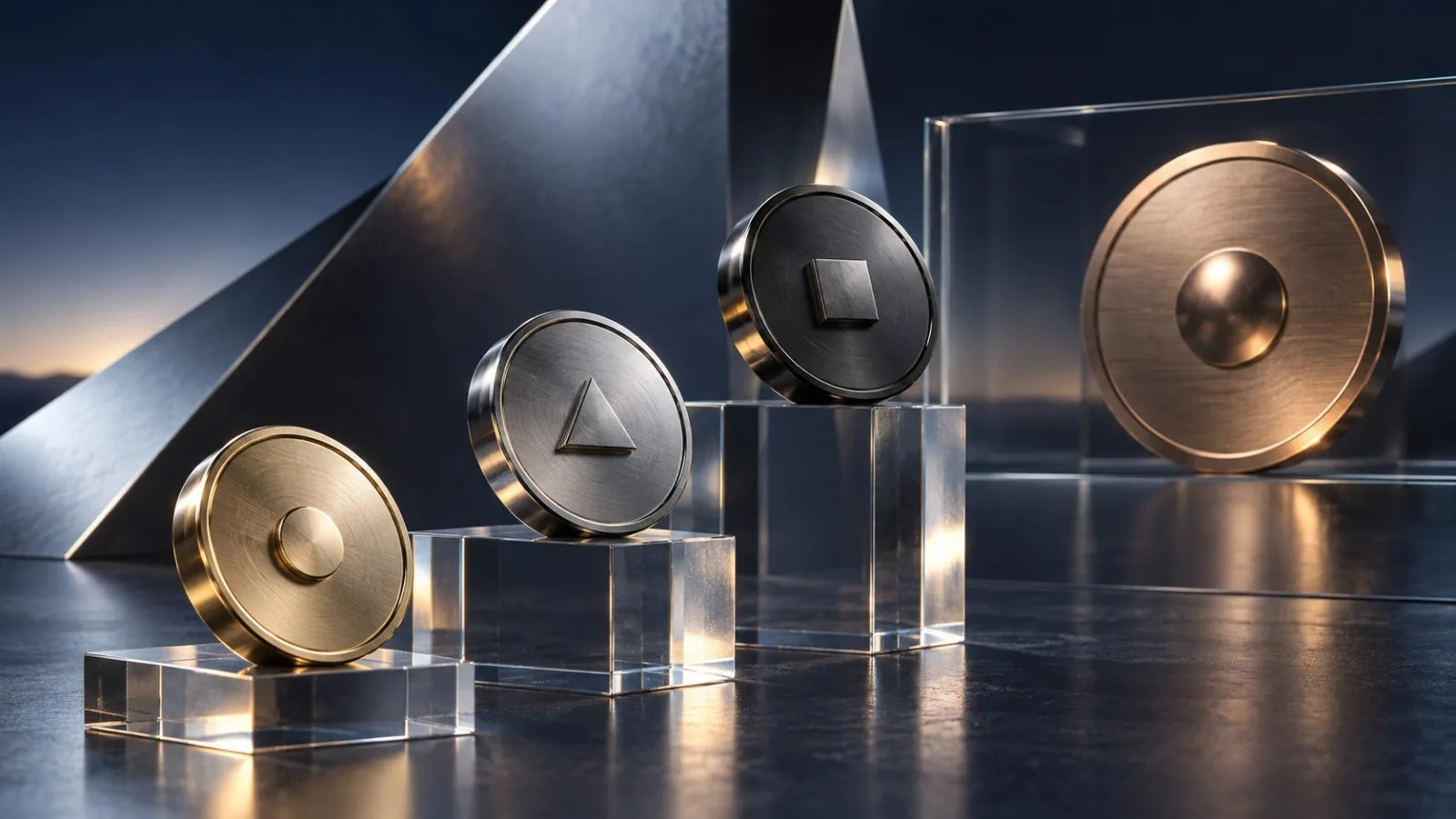 Metal medallions arranged beside a transparent horizontal barrier / TokenPost.ai