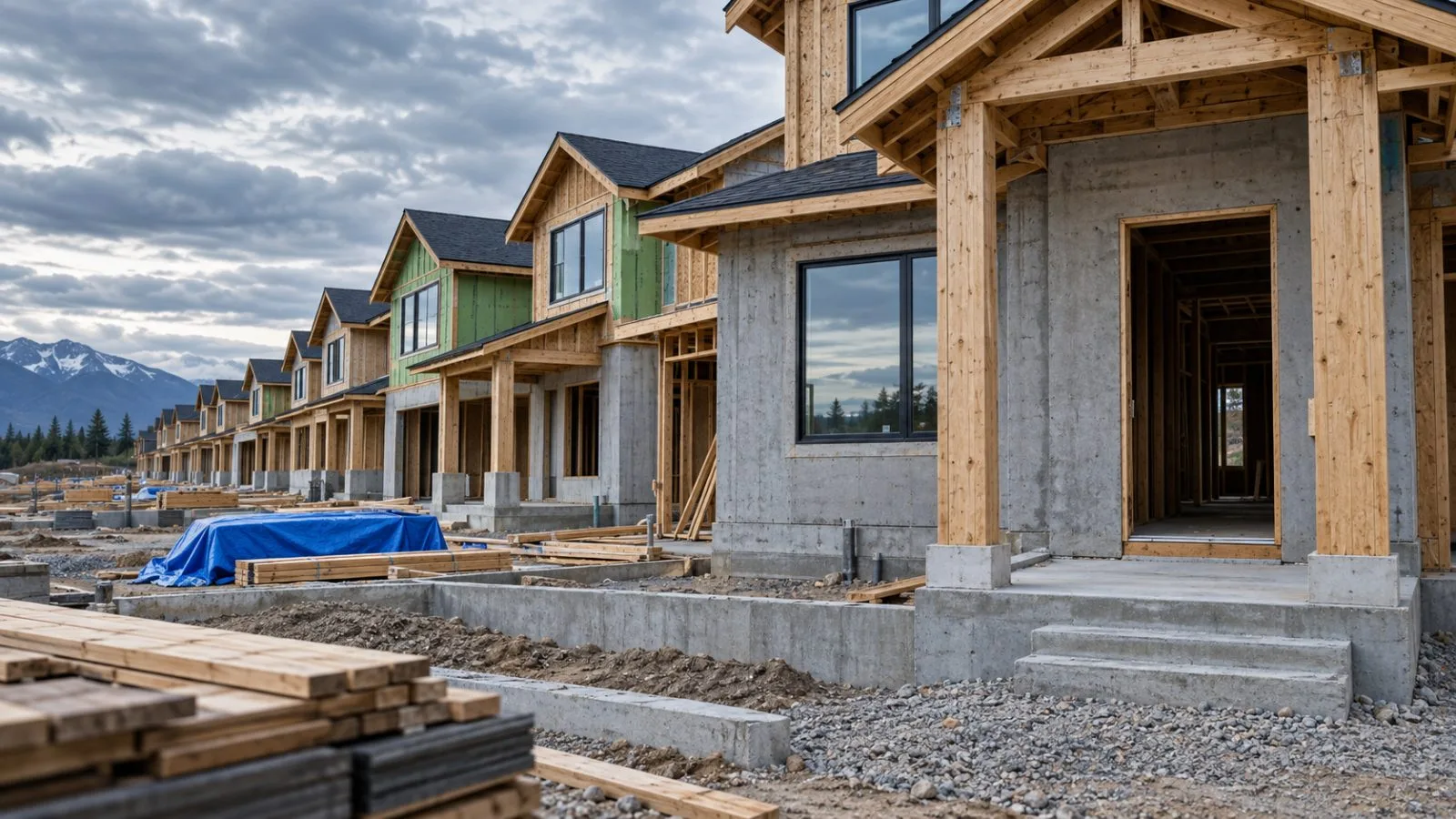 Unfinished single-family homes beneath an overcast morning sky / TokenPost.ai