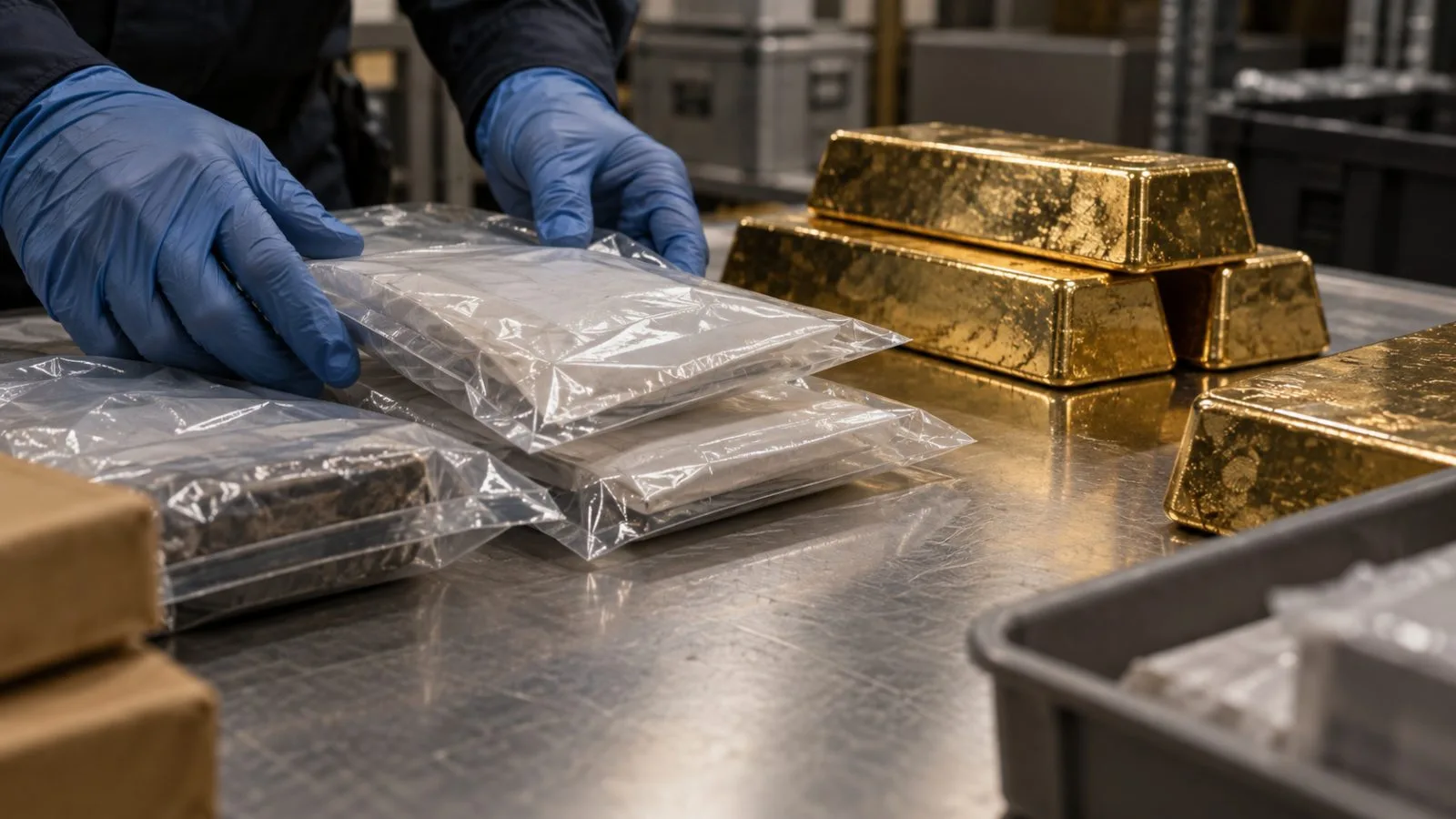 Sealed evidence bags and gold bars on a plain metal table / TokenPost.ai