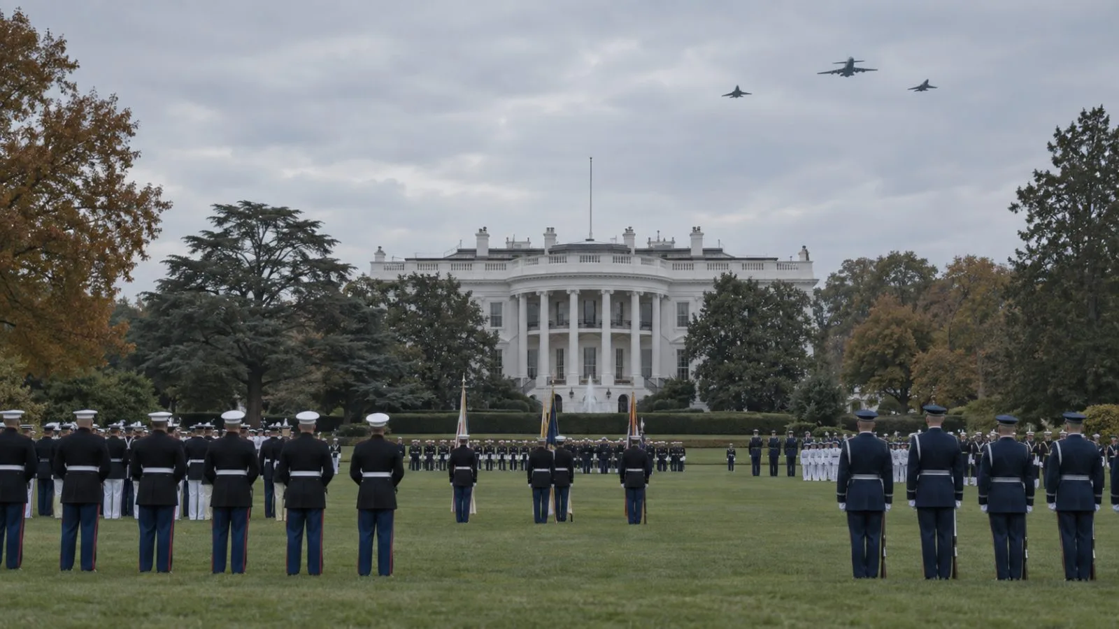 Honor guards stand on the White House lawn beneath passing aircraft / TokenPost.ai