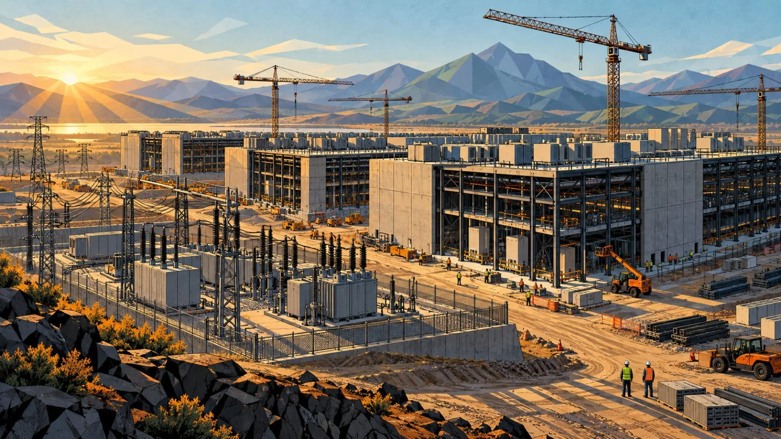 Construction cranes stand above an unfinished data center campus / TokenPost.ai
