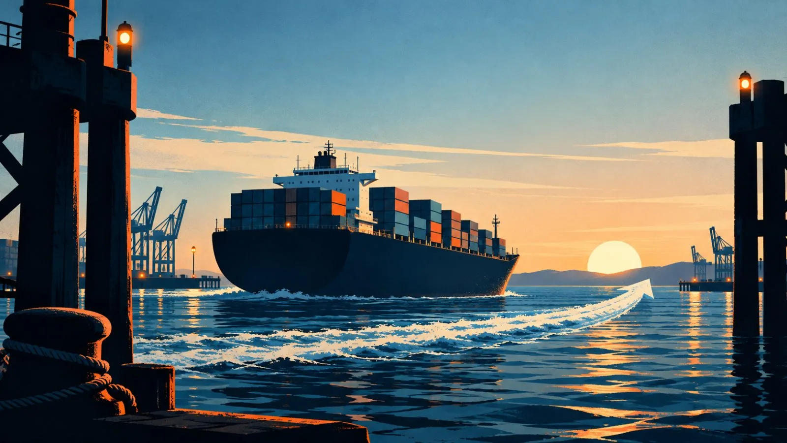 A containership passes between harbor pilings in morning light / TokenPost.ai