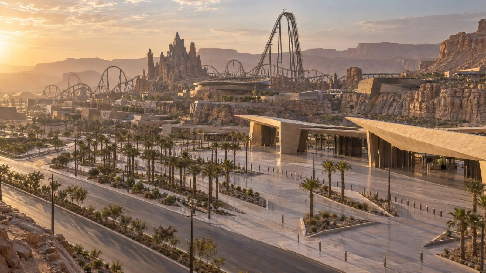 Quiet theme park entrance beneath a hazy Saudi afternoon sky / TokenPost.ai