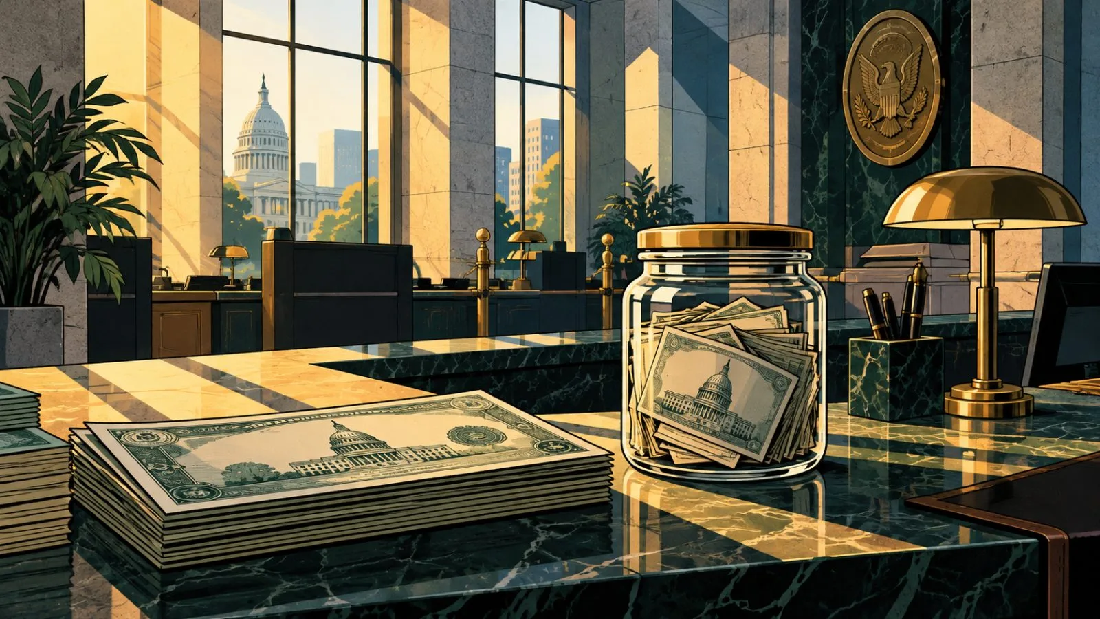 Treasury bills arranged beside a clear cash fund jar / TokenPost.ai