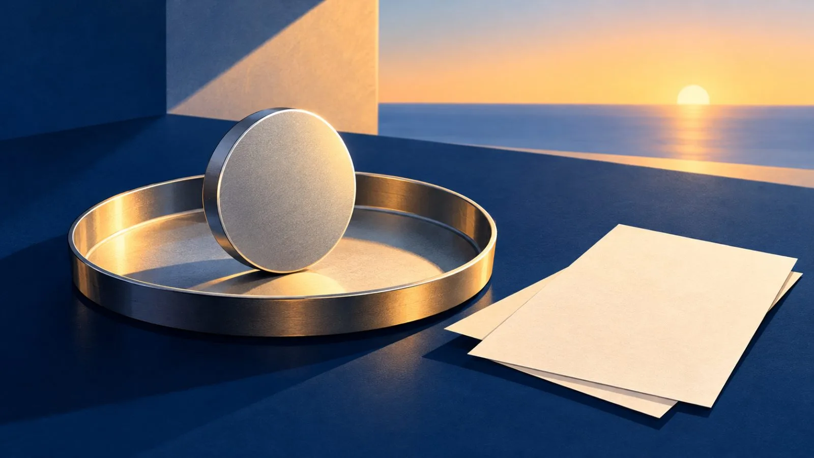 A silver disc rests on blank paper slips in warm light / TokenPost.ai