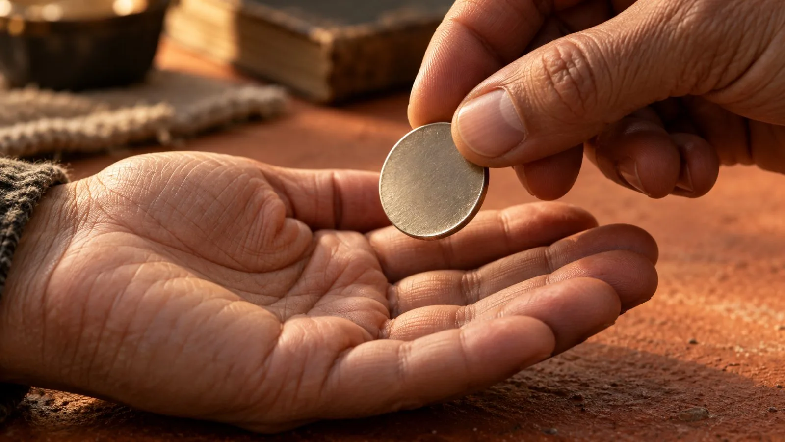 A hand places a plain metal coin into an open palm / TokenPost.ai