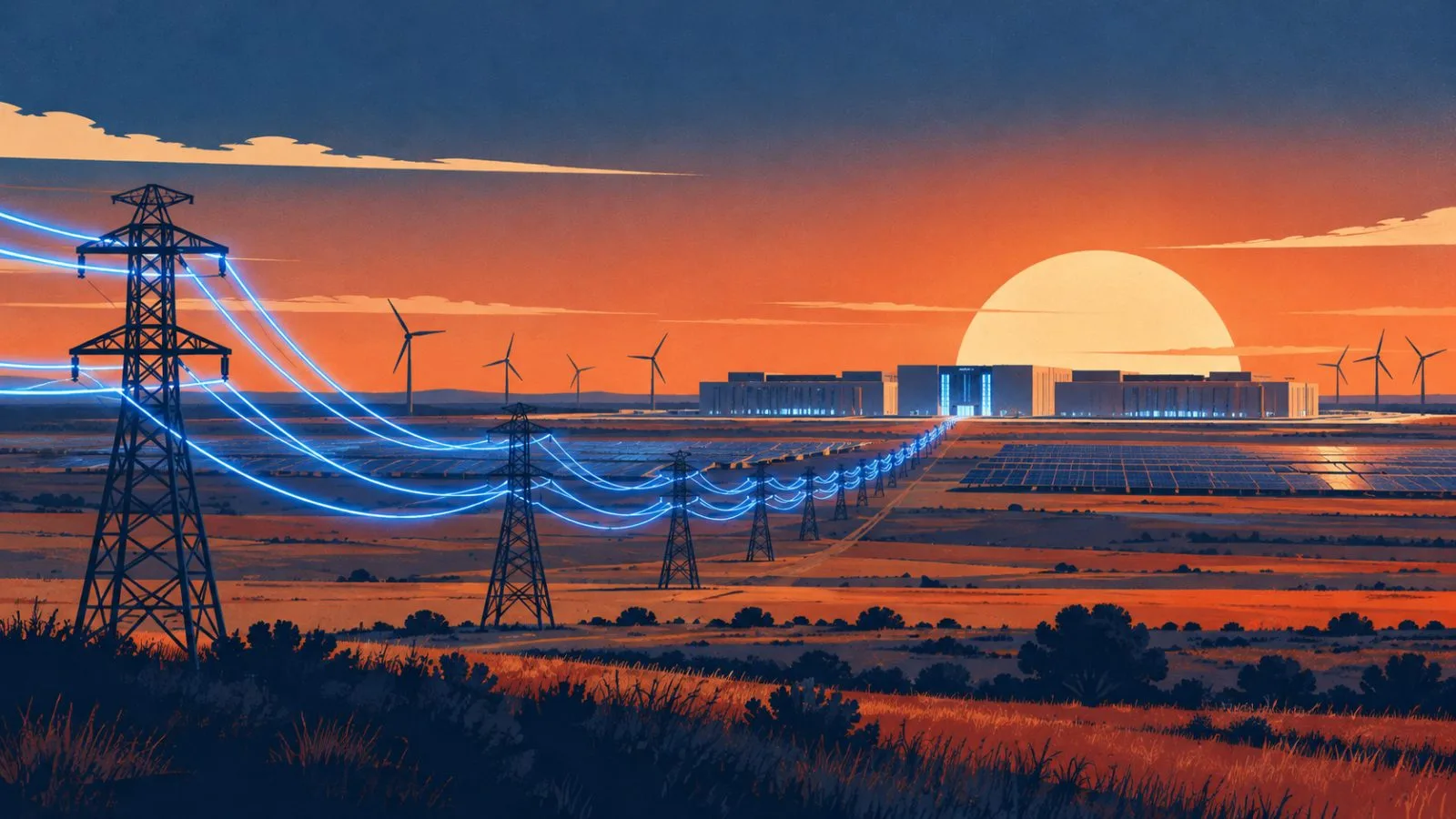Transmission towers lead toward a Texas data center campus / TokenPost.ai