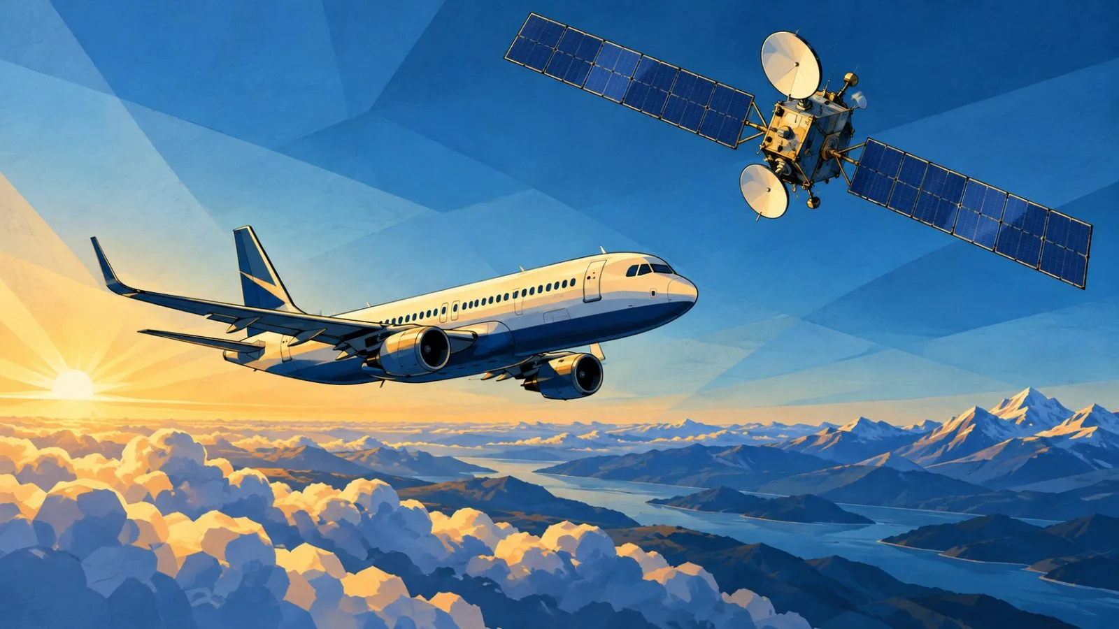 Aircraft flying beneath a communications satellite at dawn / TokenPost.ai