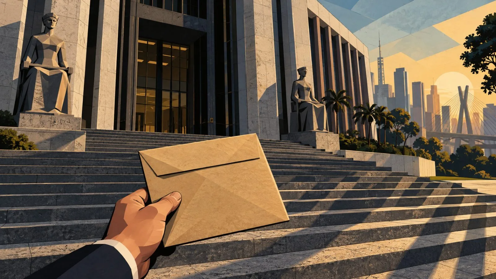 Sealed document held outside a courthouse in morning sunlight / TokenPost.ai