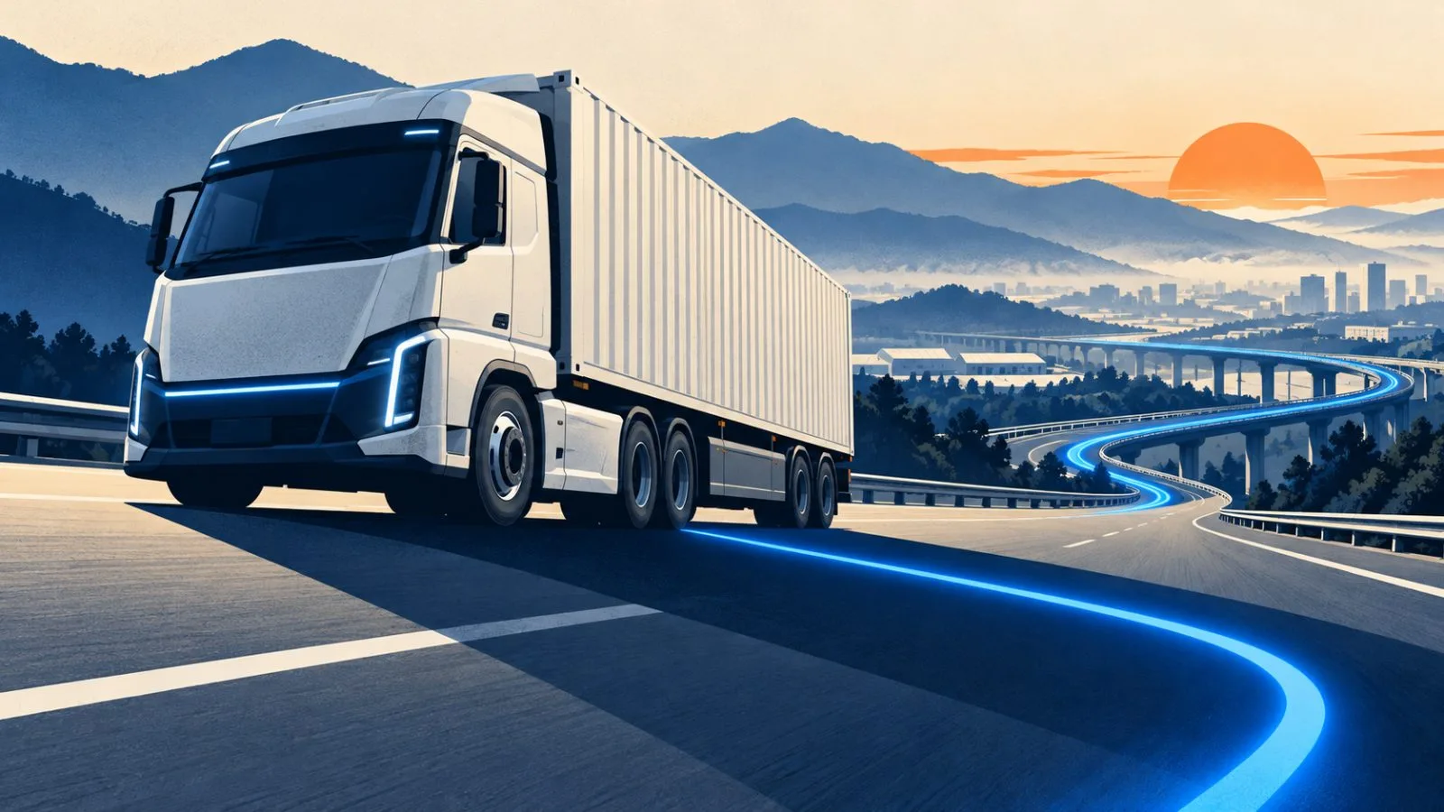 A battery-electric container truck travels along a Chinese freight road at dawn / TokenPost.ai