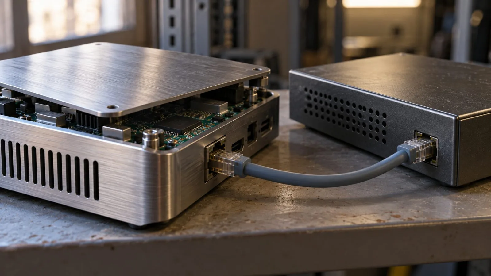 Two compact network devices connected by a single cable / TokenPost.ai