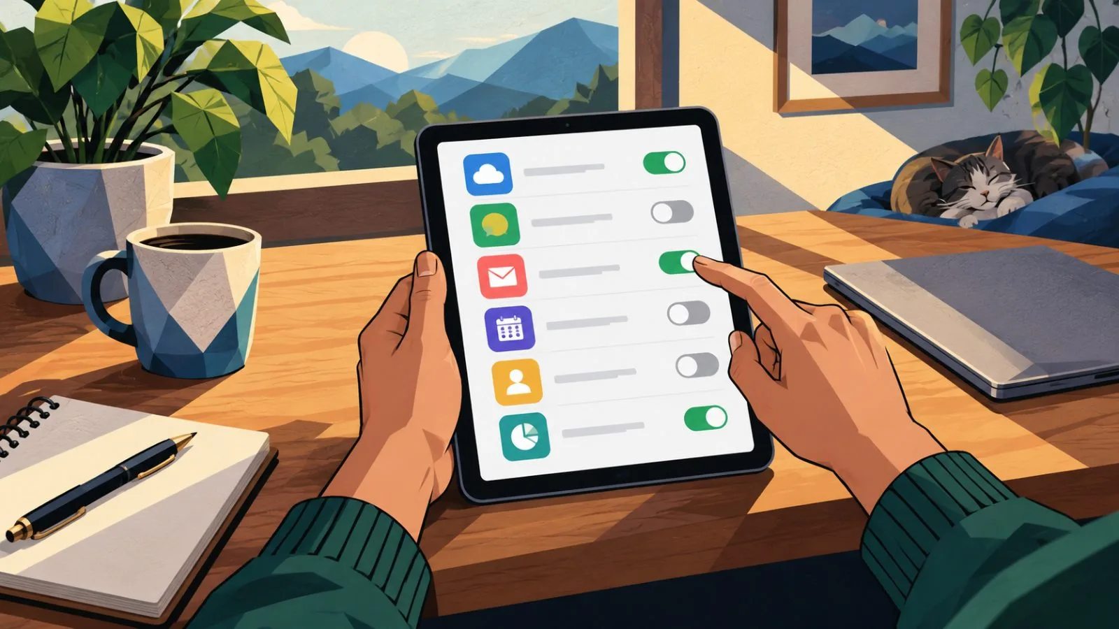 Hands pause above a tablet beside a closed laptop in morning light / TokenPost.ai