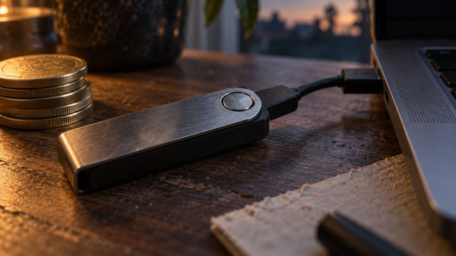A silver coin rests beside a small token on a stone counter / TokenPost.ai (macro)