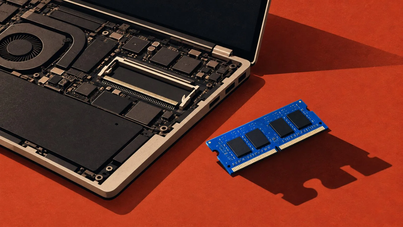 An open laptop chassis sits beside a loose memory module / TokenPost.ai