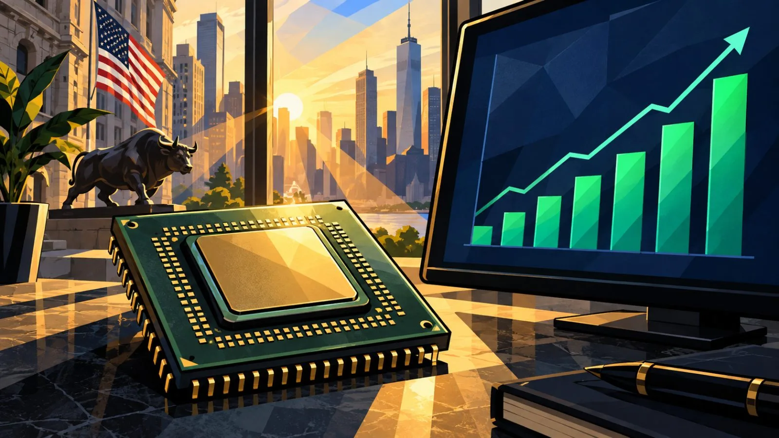 A semiconductor chip sits beside ascending market bars / TokenPost.ai