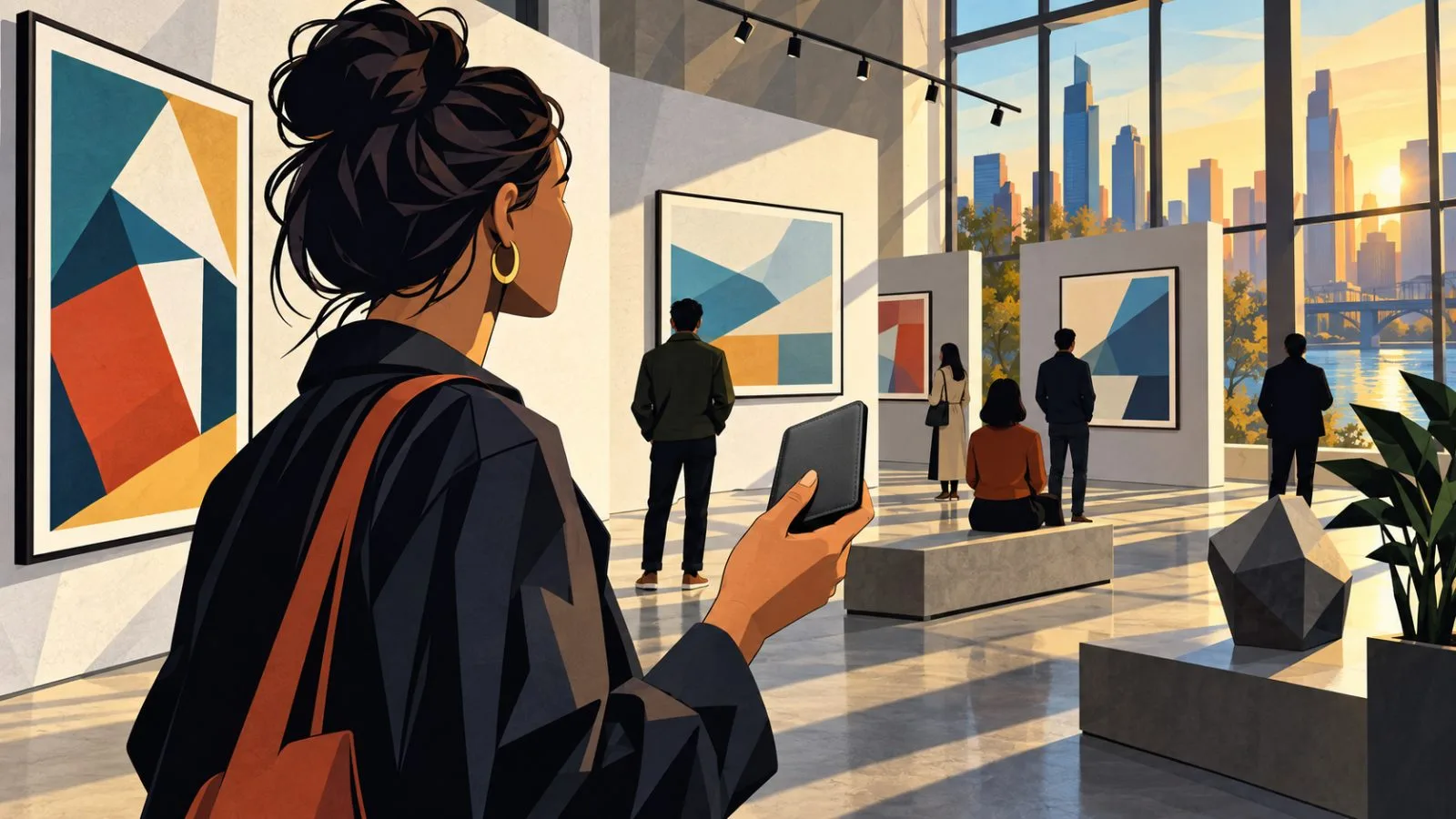 Visitors examine blank digital artworks beside a handheld smart wallet / TokenPost.ai