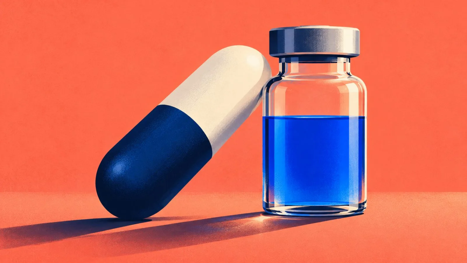 An unmarked capsule and clear vial rest on a coral surface / TokenPost.ai