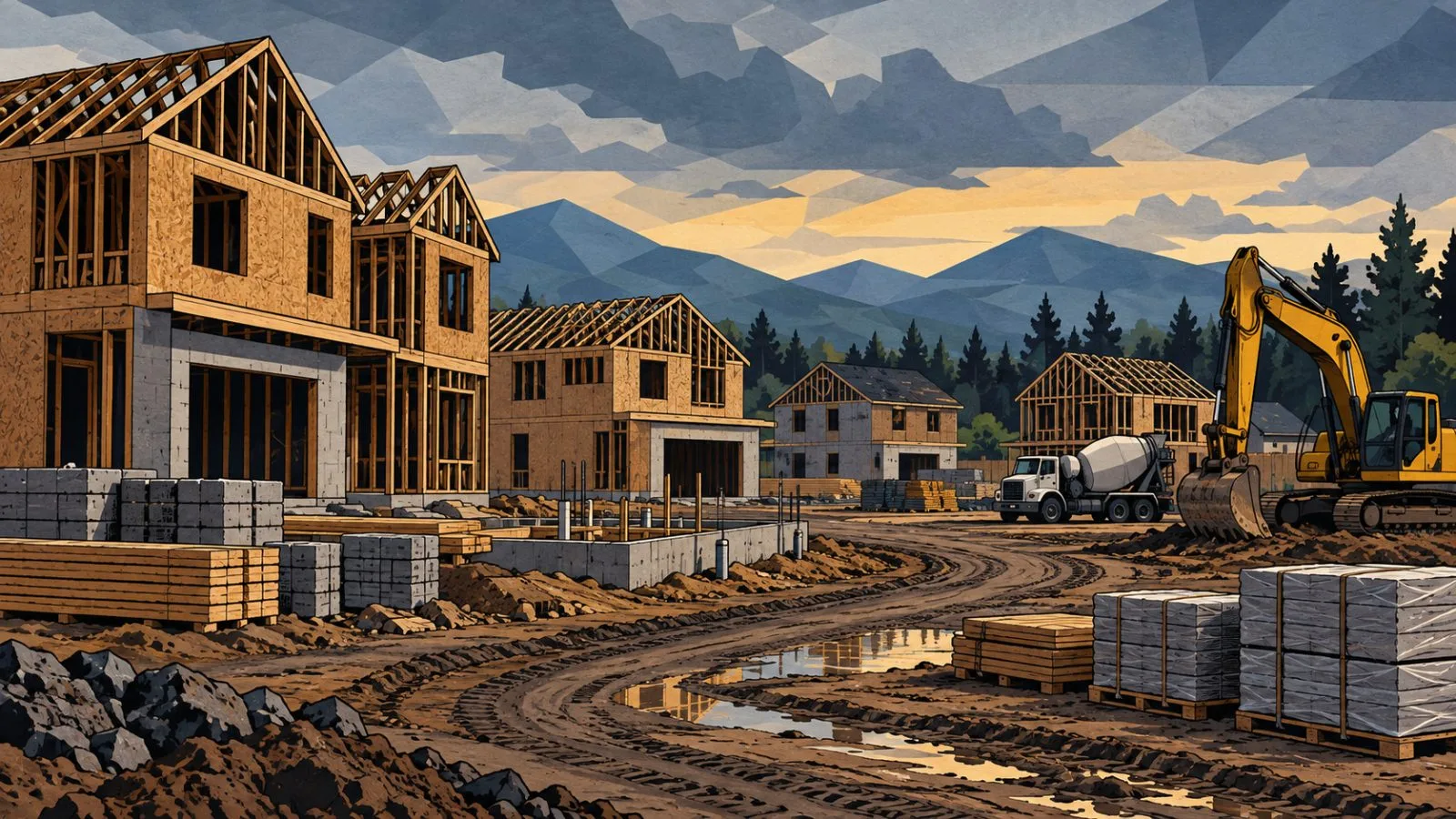 Unfinished homes sit beside idle construction equipment / TokenPost.ai