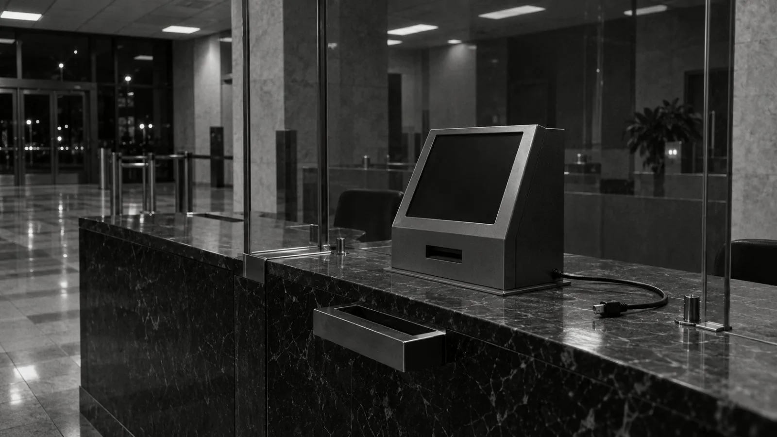 Sealed withdrawal terminal behind a locked glass service counter / TokenPost.ai