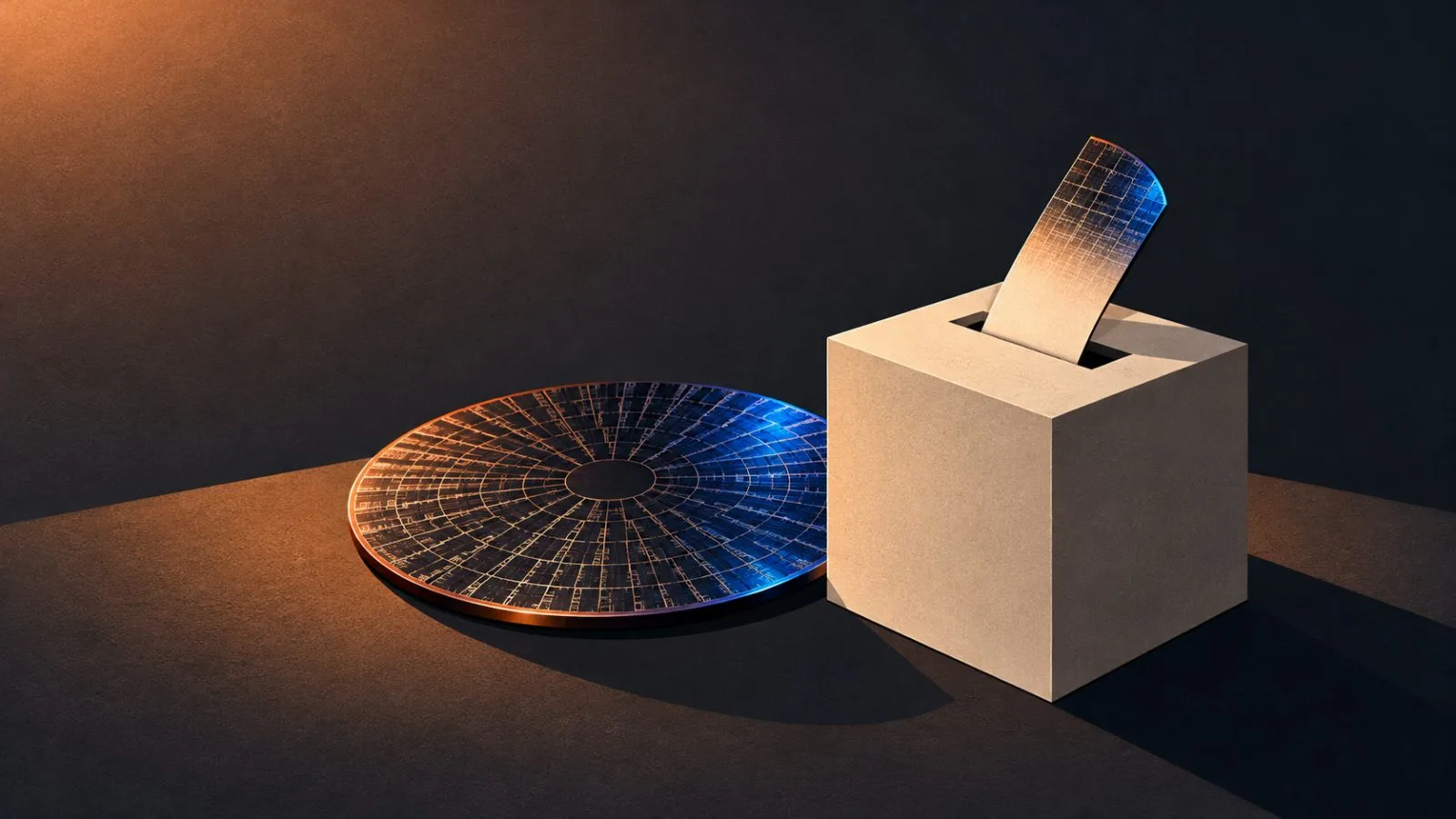 A ballot box and silicon wafer under warm light / TokenPost.ai