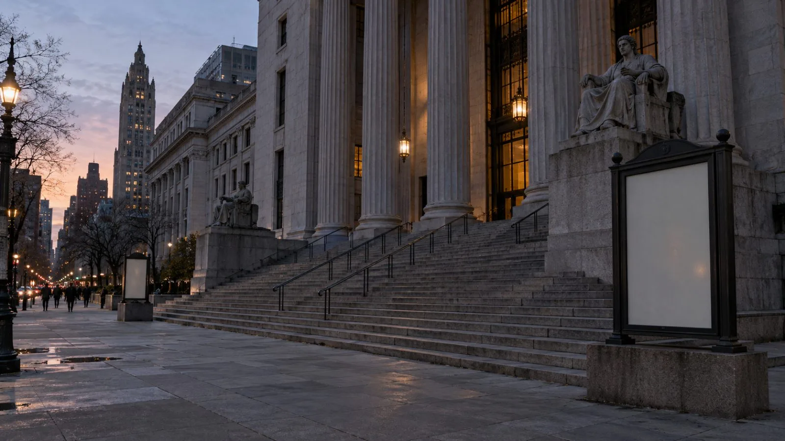 Federal courthouse steps under cool evening light / TokenPost.ai