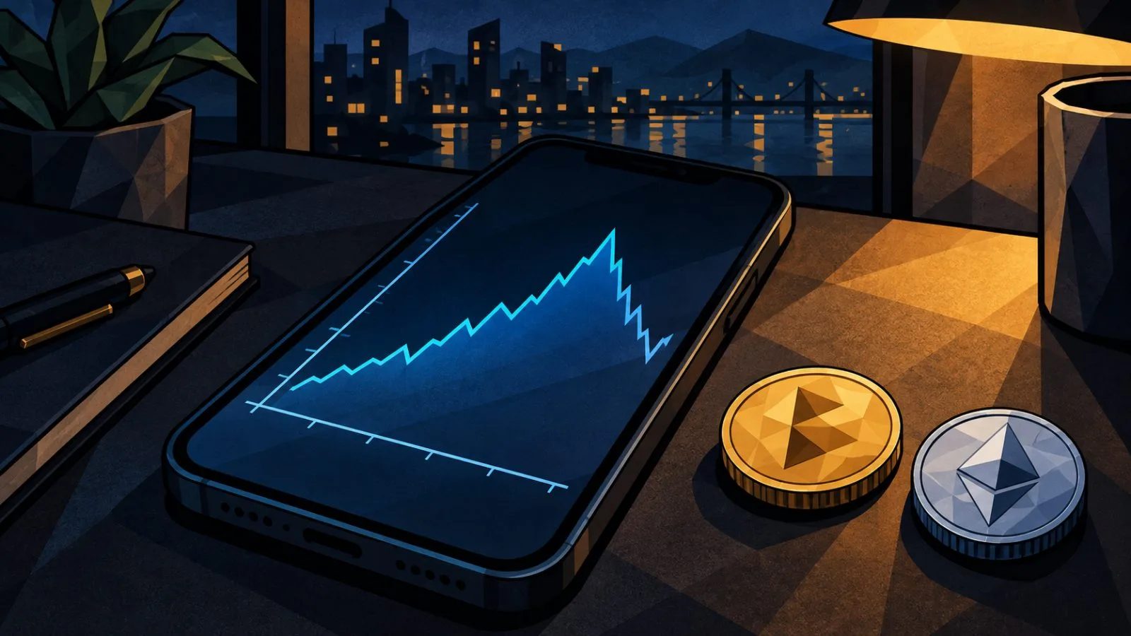 A phone beside metal tokens on a dimly lit tabletop / TokenPost.ai