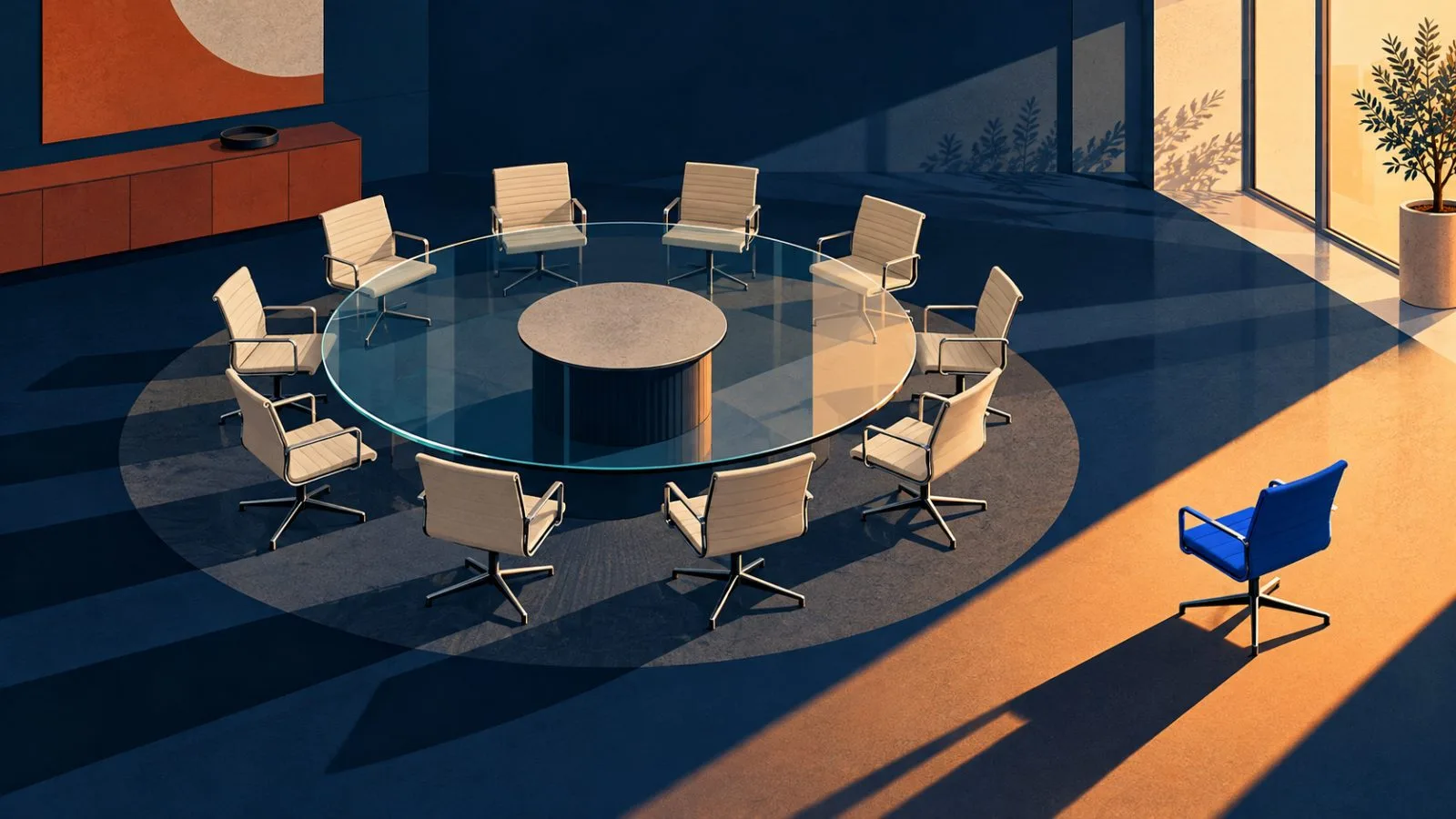 A single chair sits outside a ring of meeting seats / TokenPost.ai