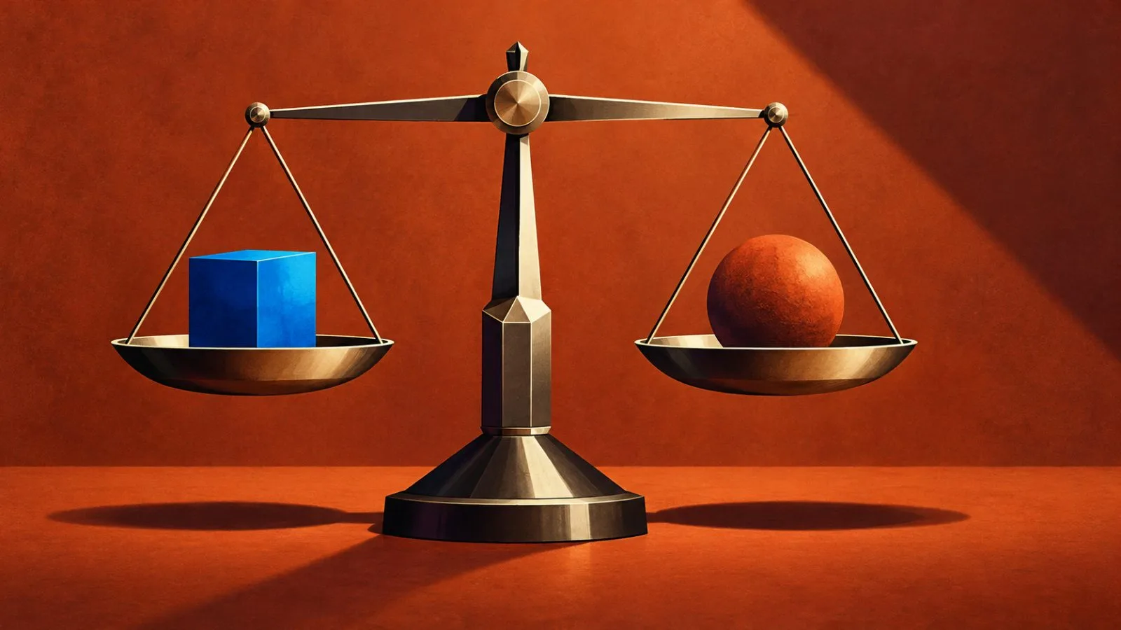 A brushed-metal balance scale stands against a rust-colored backdrop / TokenPost.ai