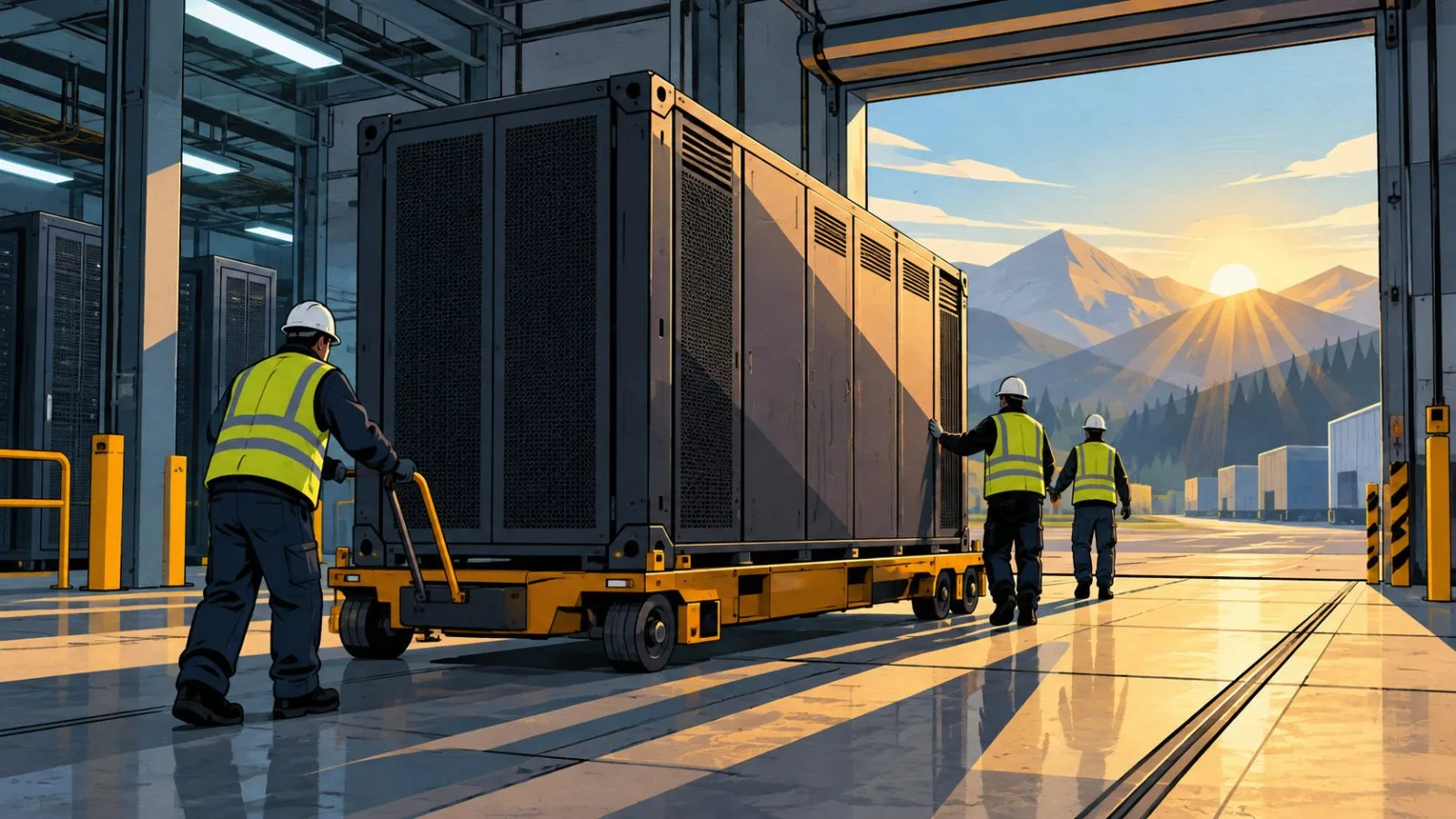 Compute chassis being moved through a brightly lit data-center loading bay / TokenPost.ai