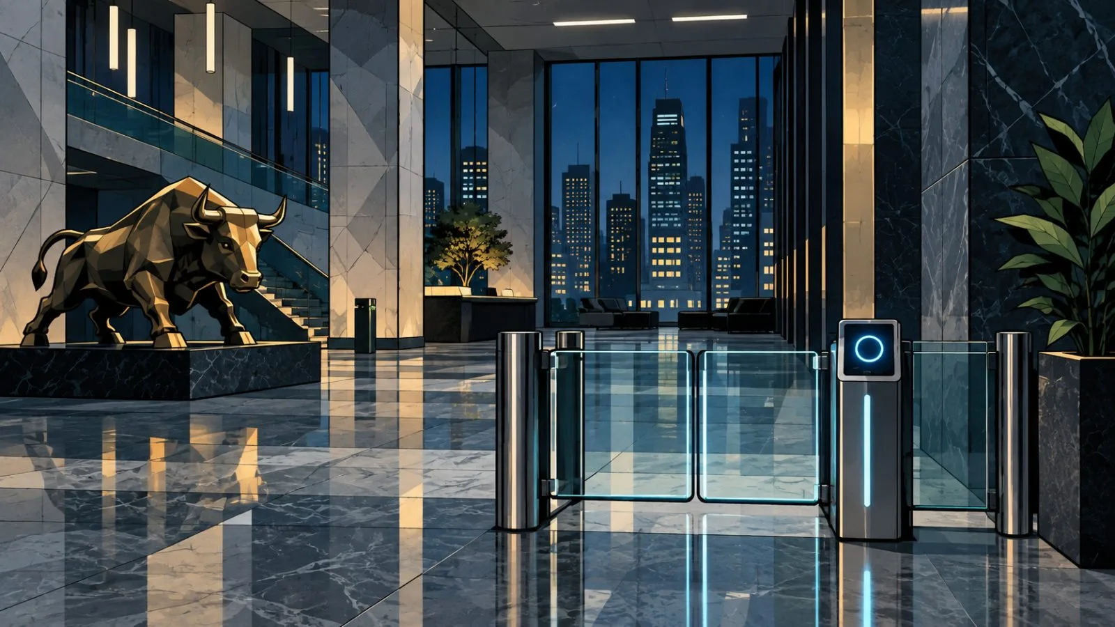 Glass security gates stand inside a quiet exchange lobby at night / TokenPost.ai