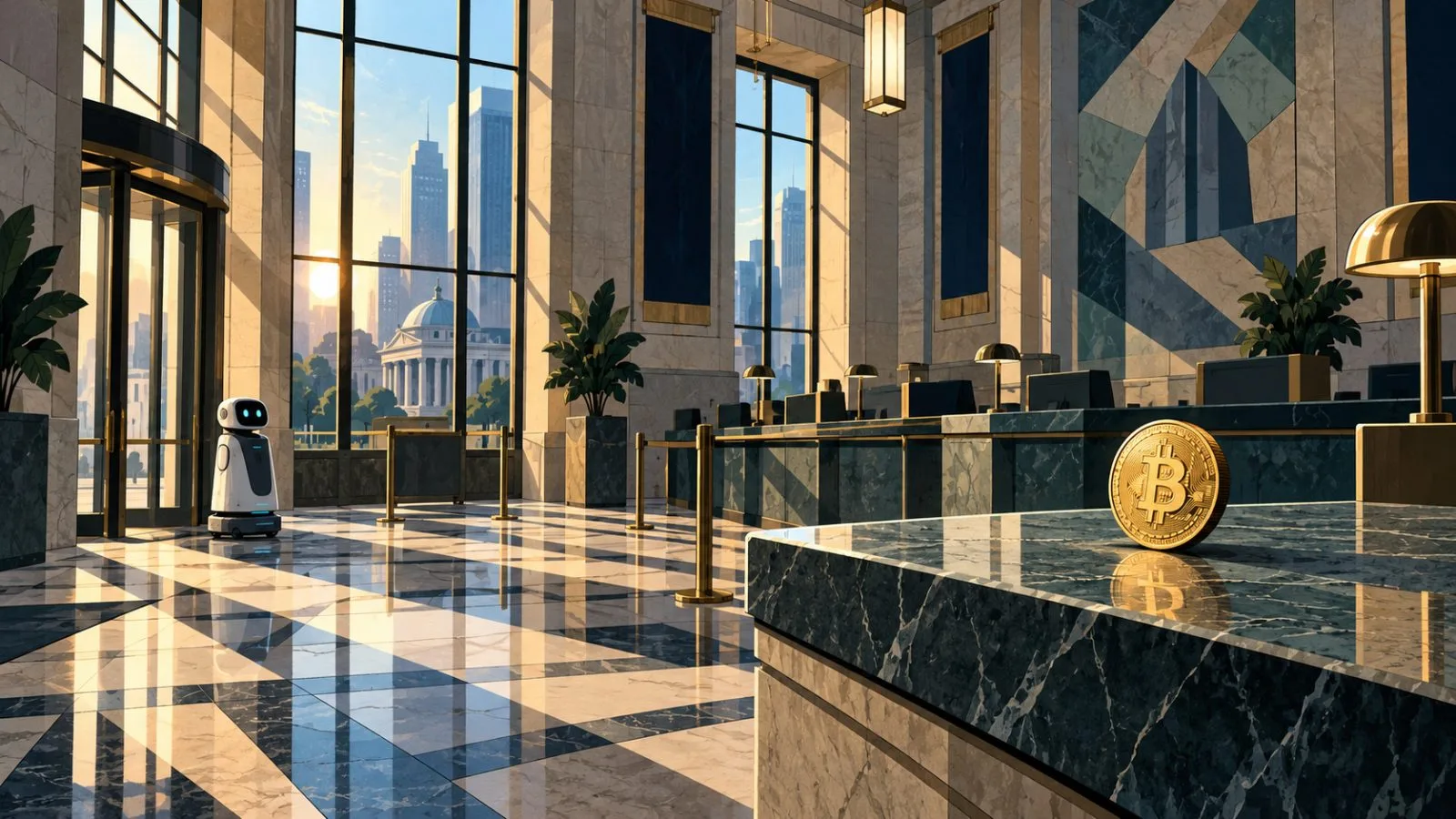 A small service robot beside a Bitcoin token in a quiet bank lobby / TokenPost.ai