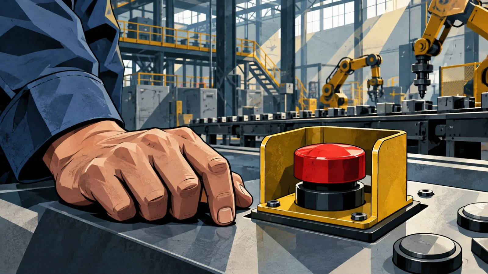 Anonymous hand pauses beside a guarded control button / TokenPost.ai